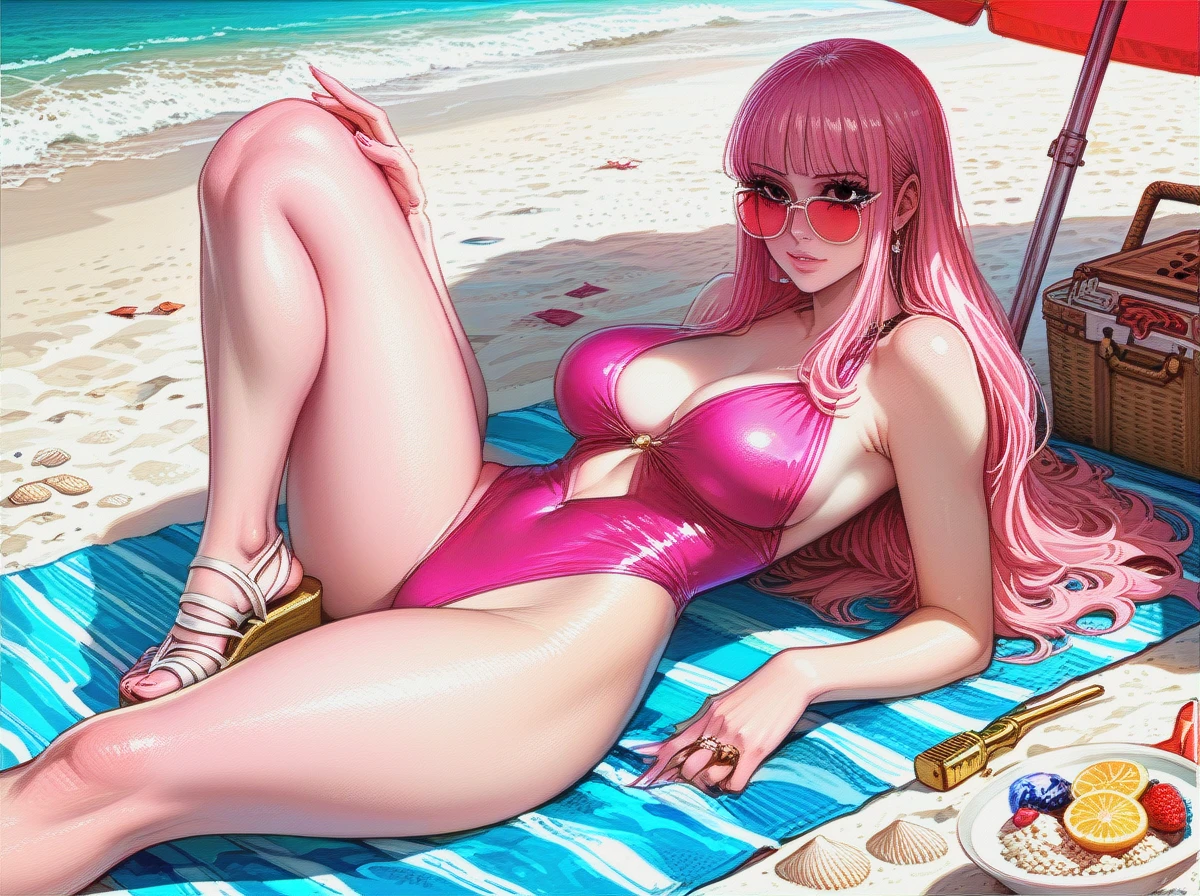 princess bubblegum, pink skin, pink hair, pink sunglasses, low cut pink one piece swimsuit, cleavage, visible belly button, platform sandals, rounded breasts, rounded ass, sitting on beach towel, beach parasol, leaning back, legs extended, very long hair, beach, sunny