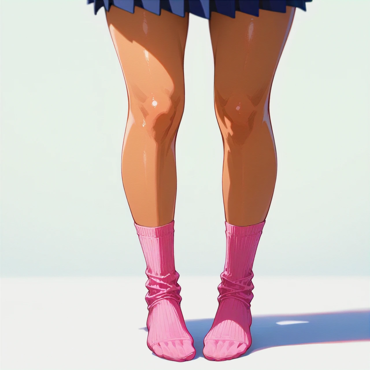 Girl, tomboy, tan, tall, long legs, school uniform, clothes, pink socks, no shoes, white background, stands , collar, blushes