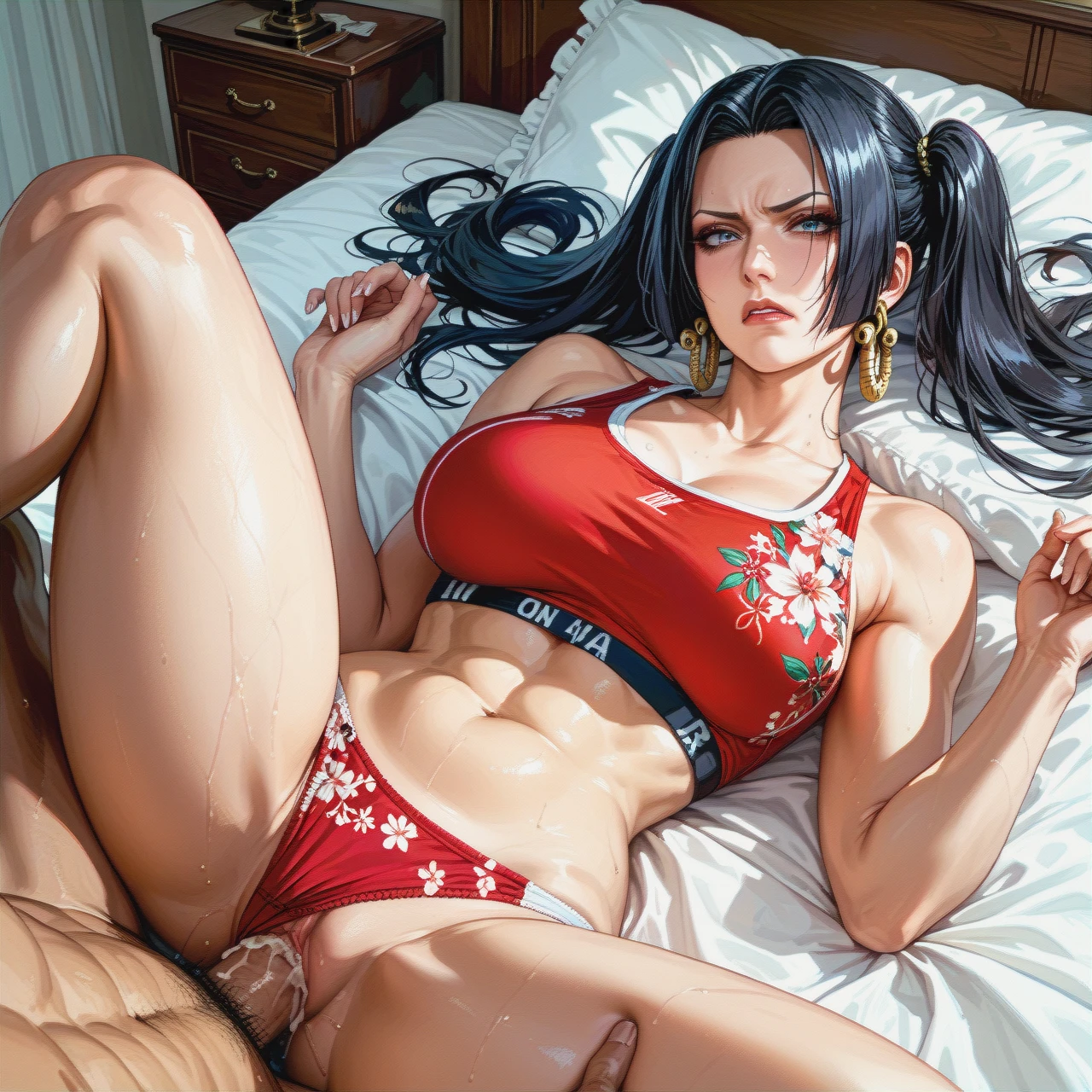 Twintails hairstyle, boa Hancock, mature, angry face,sex on bed , missionary, white red sports bra floral, white red floral panties,