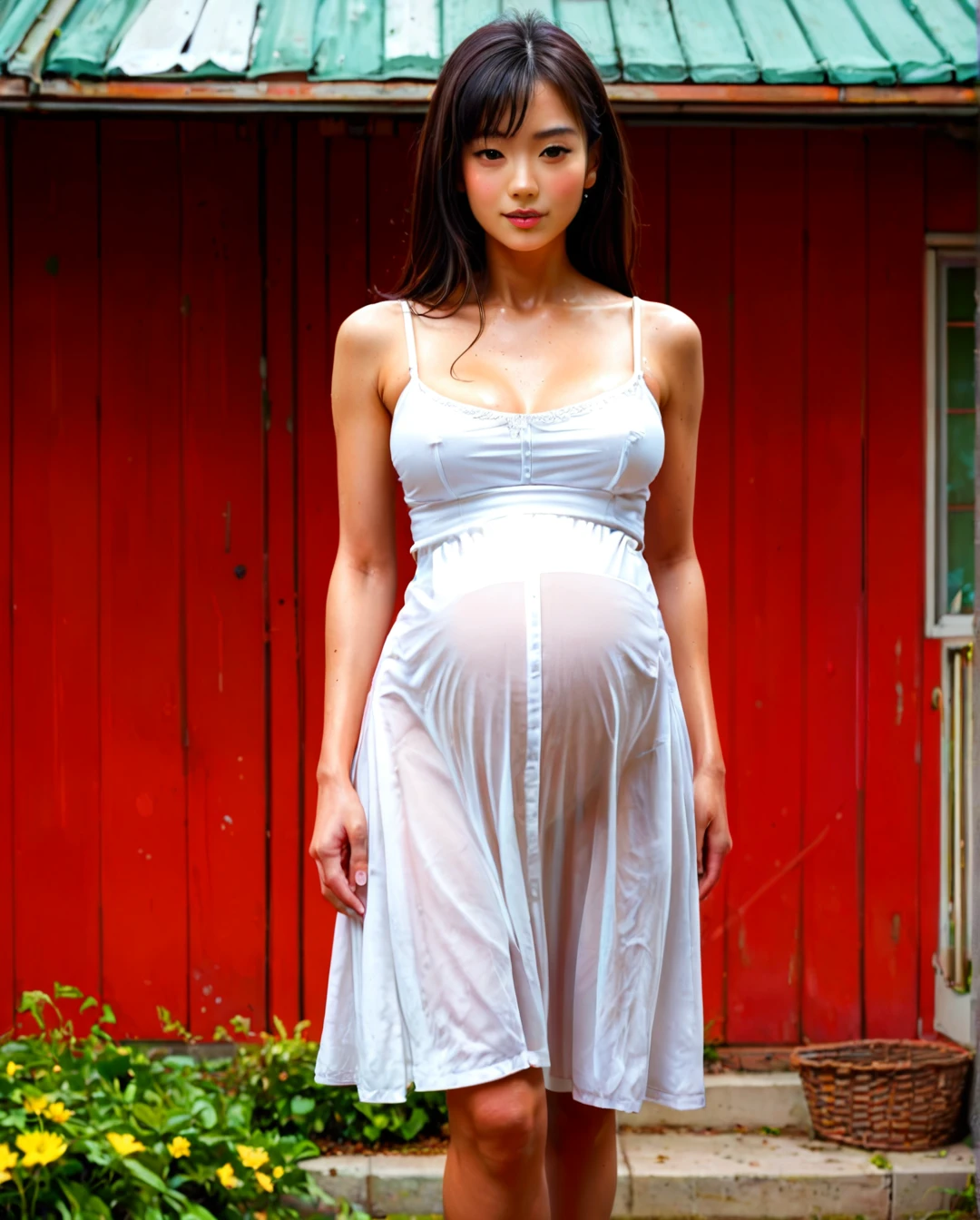 asian woman, pregnant, wearing a sundress, full body shot