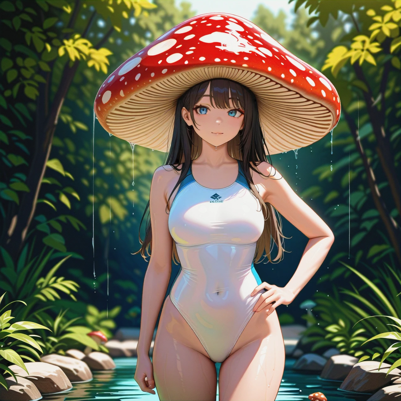 "Create an illustration of a woman standing with one hand on her hip. She should be wearing a one-piece swimsuit, and her head should be replaced by a large, spotted mushroom cap, giving a whimsical and fantastical touch to the design."