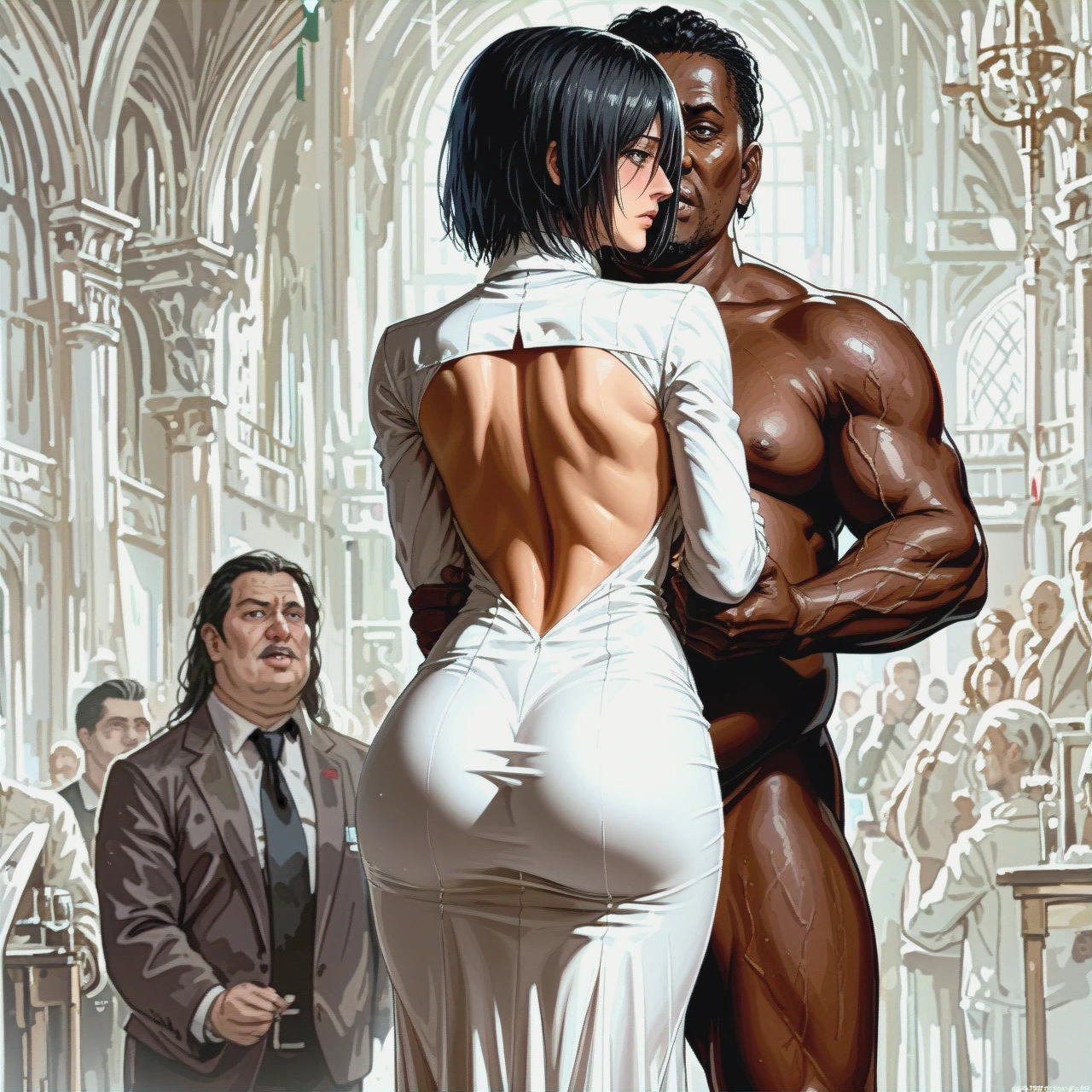 @mikasa_ackerman, perfect body, hot dress , ,(standing)  , ugly fat man, , (turn_pale) ,  dark skinned male , big ass, (ass_grab) , (back_focus), (arms_around_neck)