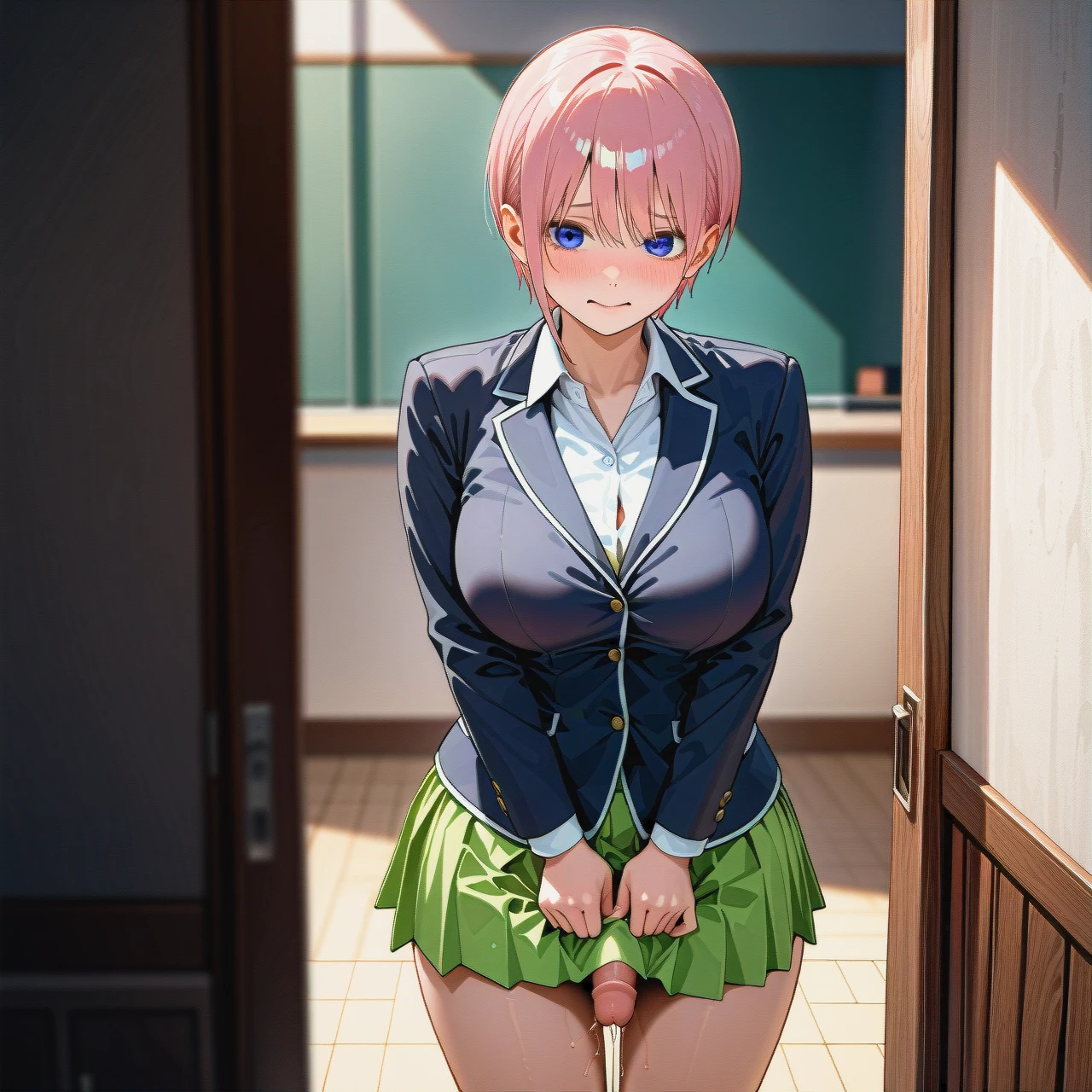 @nakano_ichika, school_uniform,standing,both_legs_close,fuck_from_back,cowboy_shot,(felching),embarrassed,orgasm,penis_insertion_hidden_by_skirt,hidden_sex_under_skirt,(large_breasts),(pointy_breasts),