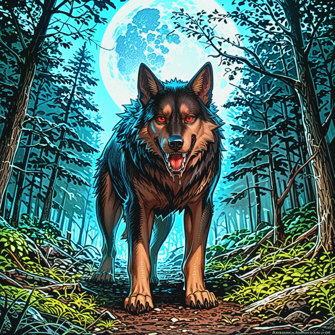 A  black wolf-dog, intense gaze, full body shot.  Full moon behind and slightly above it,  dark, shadowy forest setting,  trees with bare branches.  Dark, moody atmosphere.  Focus on the dog's face and intense expression.  Hyperrealistic fur detail,  dripping red tongue.  Deep blacks, grays, and hints of a moonlit pale grey.  Impressionistic style in the bark of the trees.  Vignette effect to concentrate focus on the wolf.  Detailed fur structure.  Large fangs.