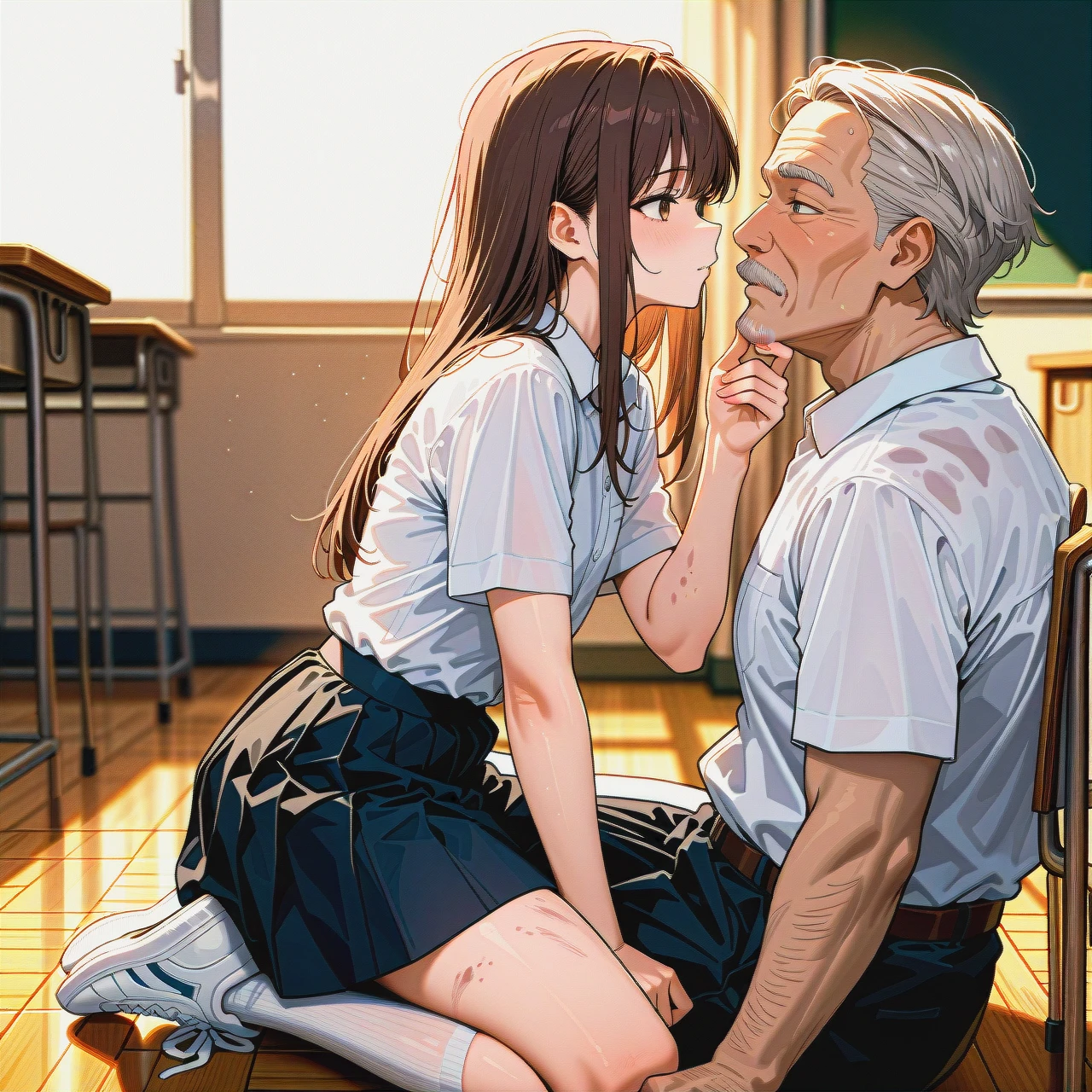 1 girl, 1old man, at school, white shirt, black skirt, white knee-high socks, white athletic dirty sneakers, (flat_chest) in a school classroom, kneeling in front of an old man, a man touching her chin, brown long straight hair, embarrassment, looking into the eyes of a man, kneeling