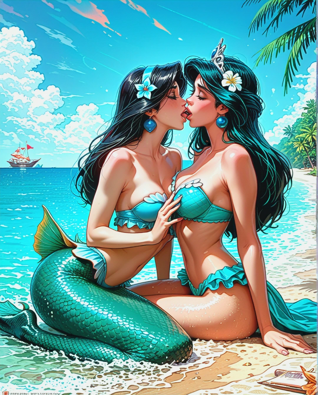 @princess_jasmine, @ariel, lesbian, french kissing, grabbing breasts, sitting down, bikini, beach