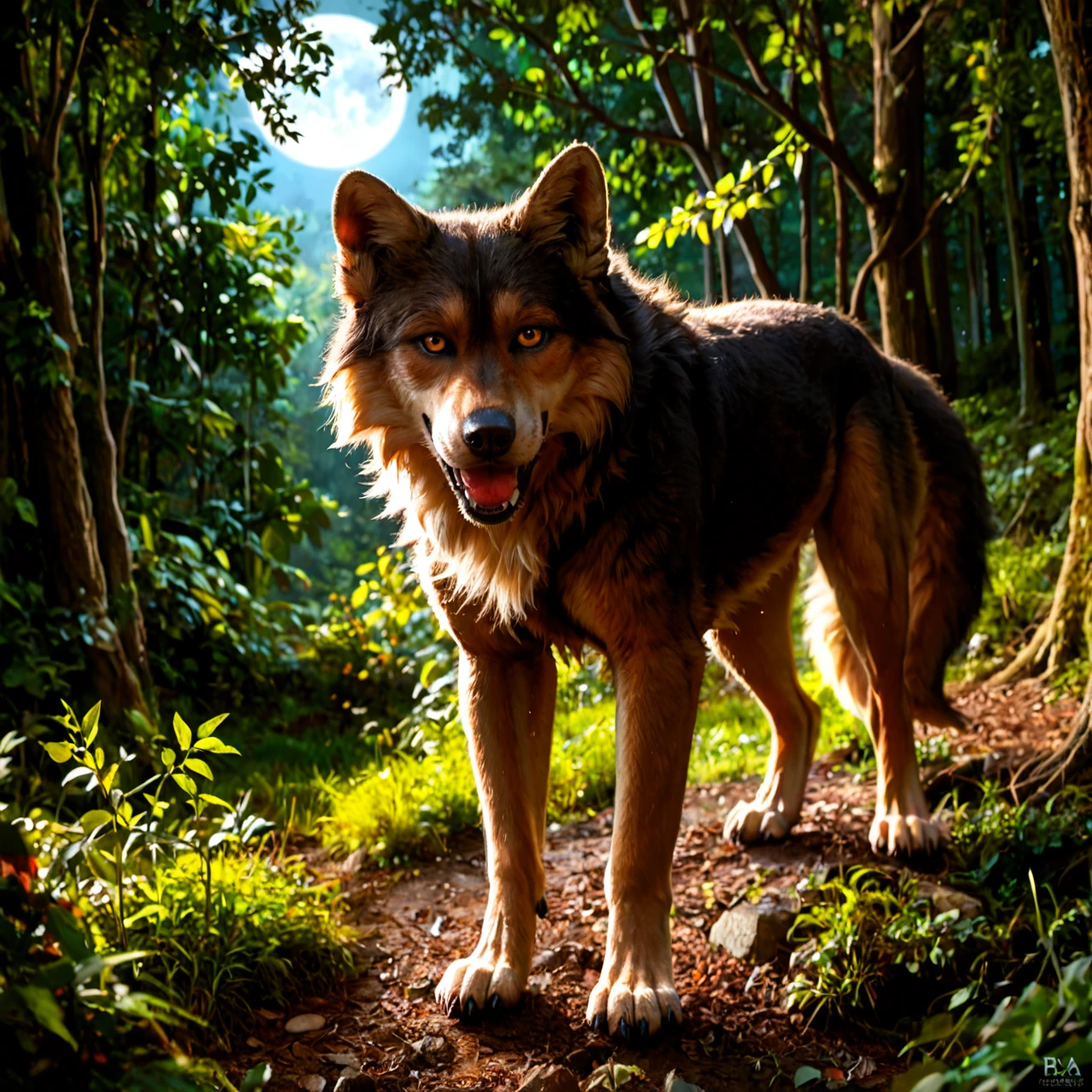 A  black wolf-dog, intense gaze, full body shot.  Full moon behind and slightly above it,  dark, shadowy forest setting,  trees with bare branches.  Dark, moody atmosphere.  Focus on the dog's face and intense expression.  Hyperrealistic fur detail,  dripping red tongue.  Deep blacks, grays, and hints of a moonlit pale grey.  Impressionistic style in the bark of the trees.  Vignette effect to concentrate focus on the wolf.  Detailed fur structure.  Large fangs.