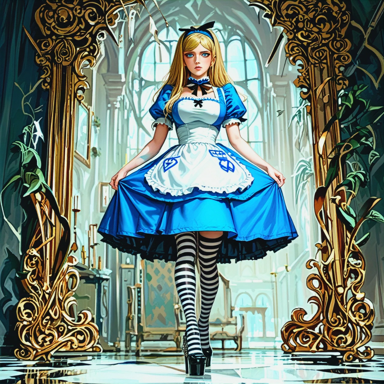 @alice stands naked, in striped stockings and high-heeled shoes, turned her head away from the viewer, a sad expression on her face, a collar around her neck, her hands on her breasts and vagina.