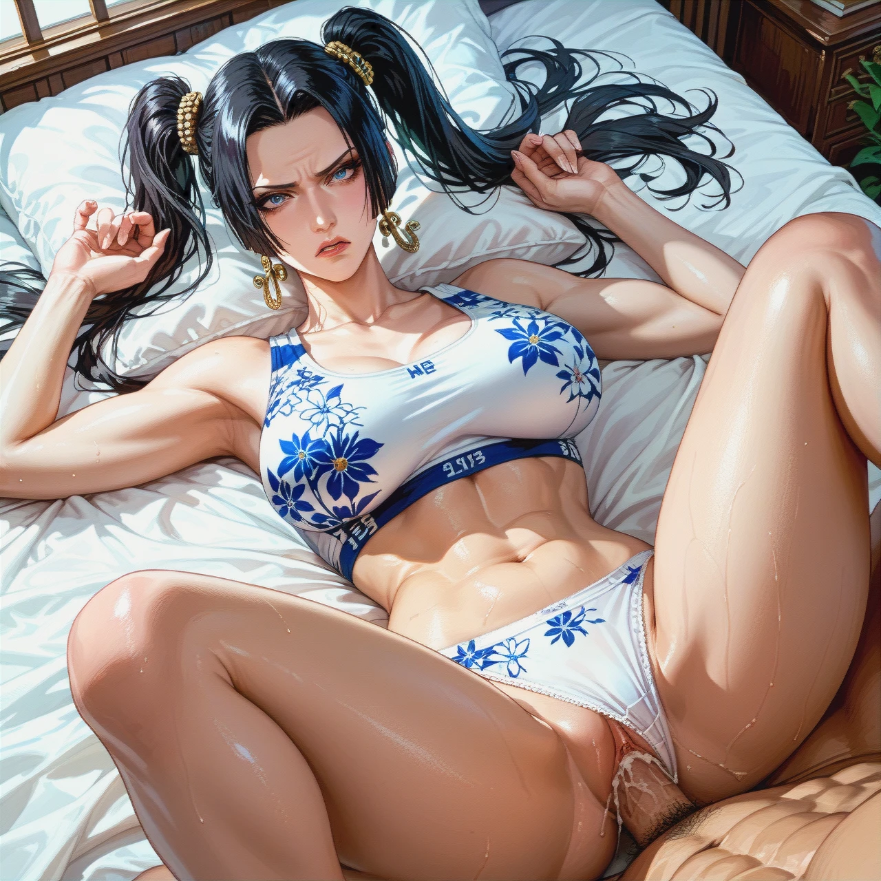 Twintails hairstyle, boa Hancock, mature, angry face,sex on bed , missionary, ( white sports bra ,  floral, ) ( white panties, floral )