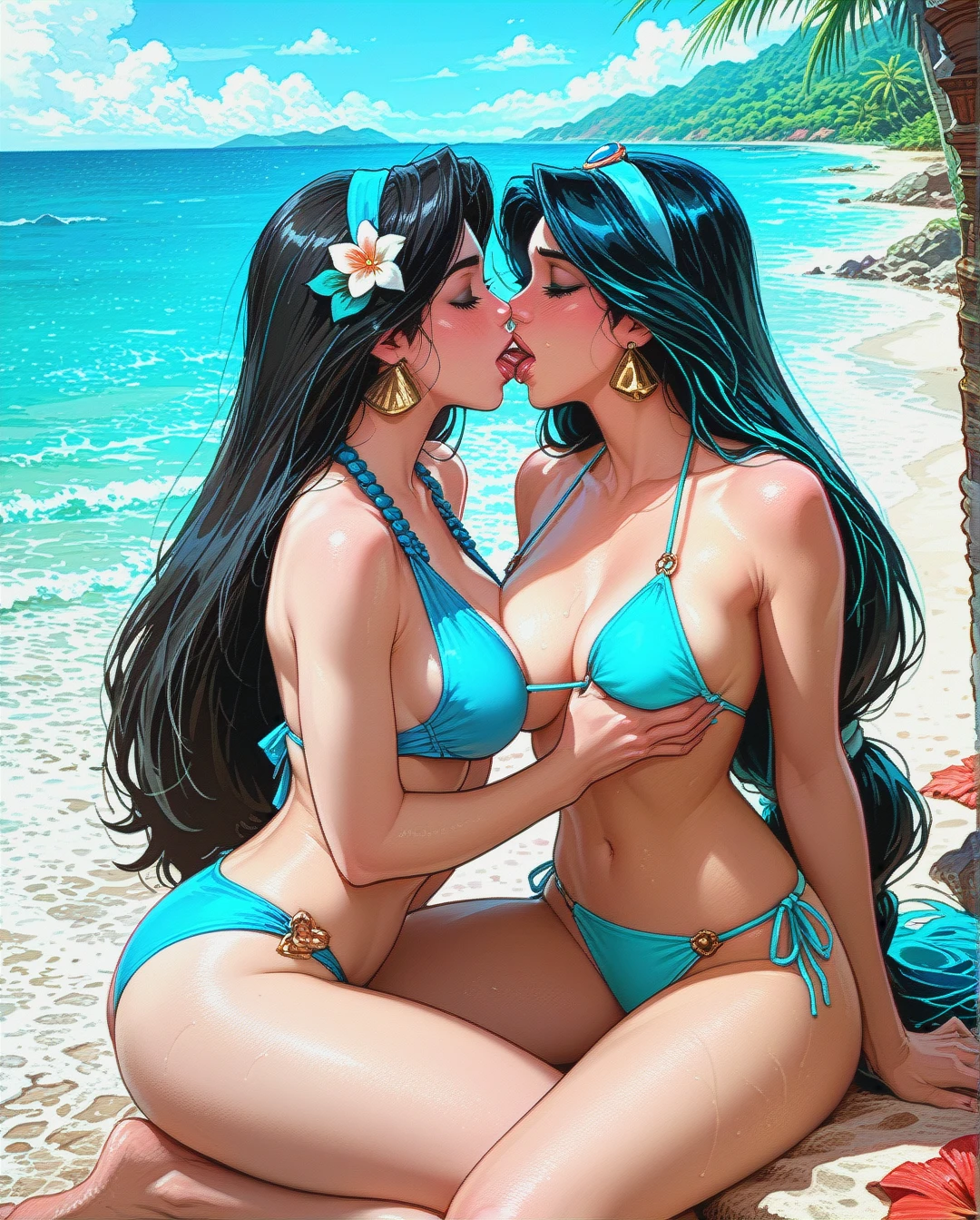 @princess_jasmine, Mulan, lesbian, french kissing, grabbing breasts, sitting down, bikini, beach