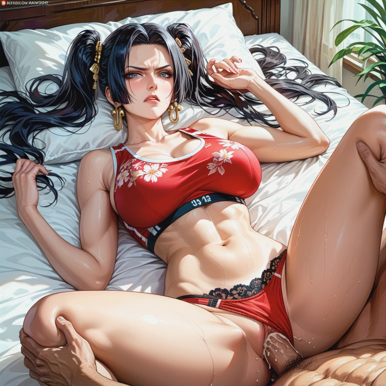 Twintails hairstyle, boa Hancock, mature, angry face,sex on bed , missionary, ( white Red sports bra ,  floral, ) ( white Red panties, floral )