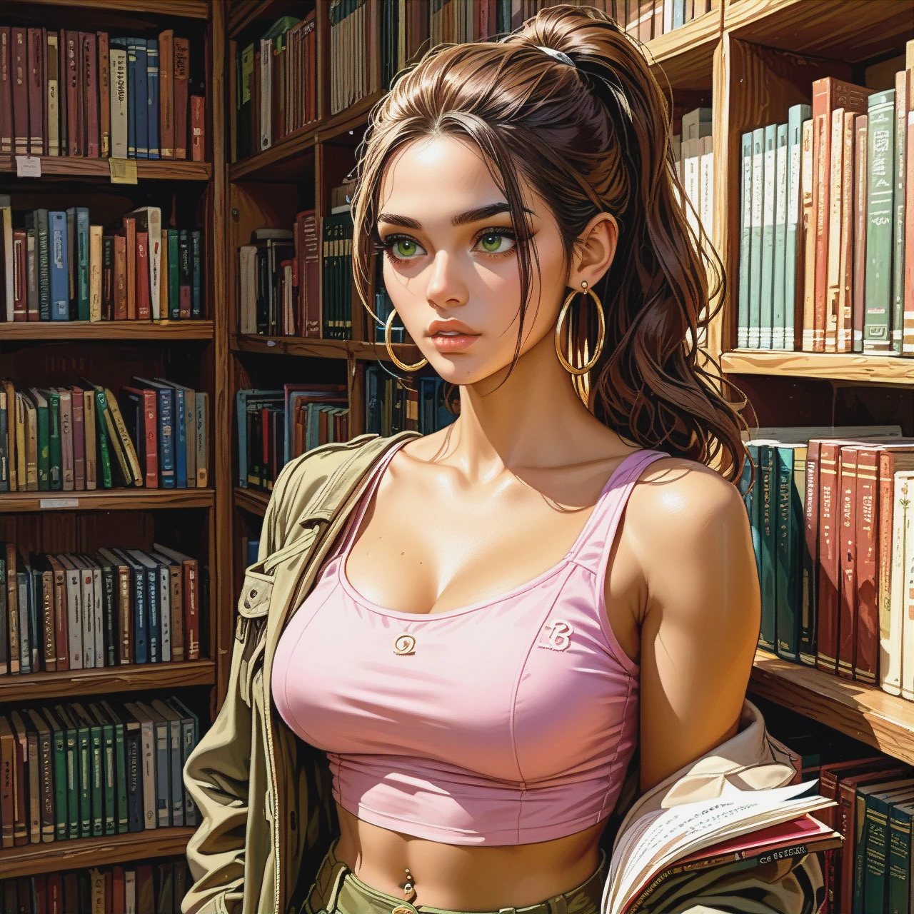 student, Latina, full lips, golden-green eyes, brown hair, ponytail, hoop earrings, brown skin, pink tank top, one sleeve off shoulder, (no_bra), navel piercing, olive cargo pants, library, looking into book (upper_body)