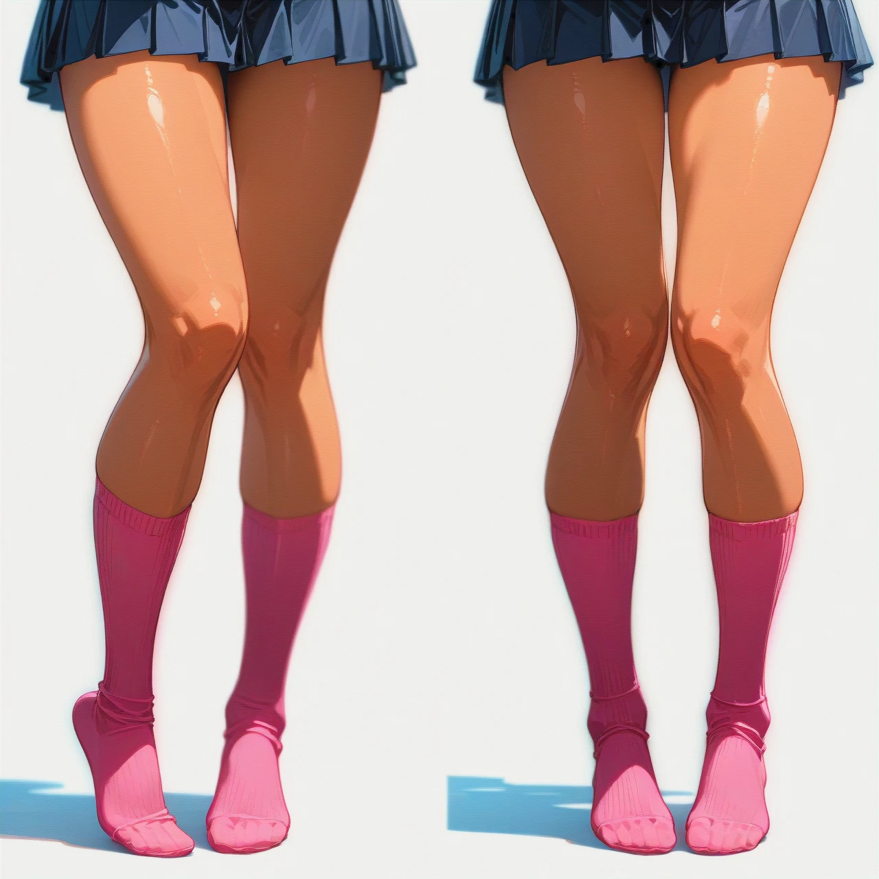 Girl, tomboy, tan, tall, long legs, school uniform, clothes, pink socks, no shoes, white background, stands , collar, blushes, whole body, full picture