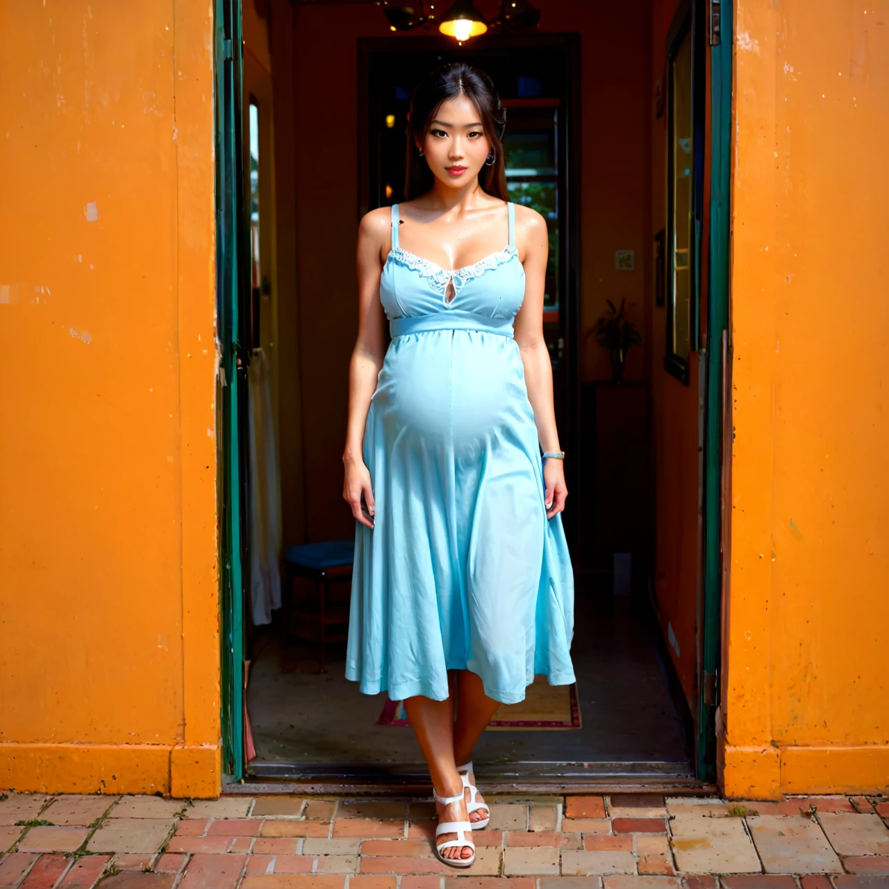 asian woman, pregnant, wearing a sundress, full body shot