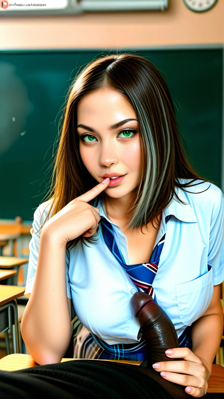 Brunette, white girl, schoolgirl costume, classroom, sitting behind desk, tie, shirt unbuttoned, green eyes, black man, sly, cunning, tricked, grey beard, grey beard, grey beard, bbc, interracial, big dark black cock, erect, handjob, examining shaft, other schoolgirls watching in the background, jealous.