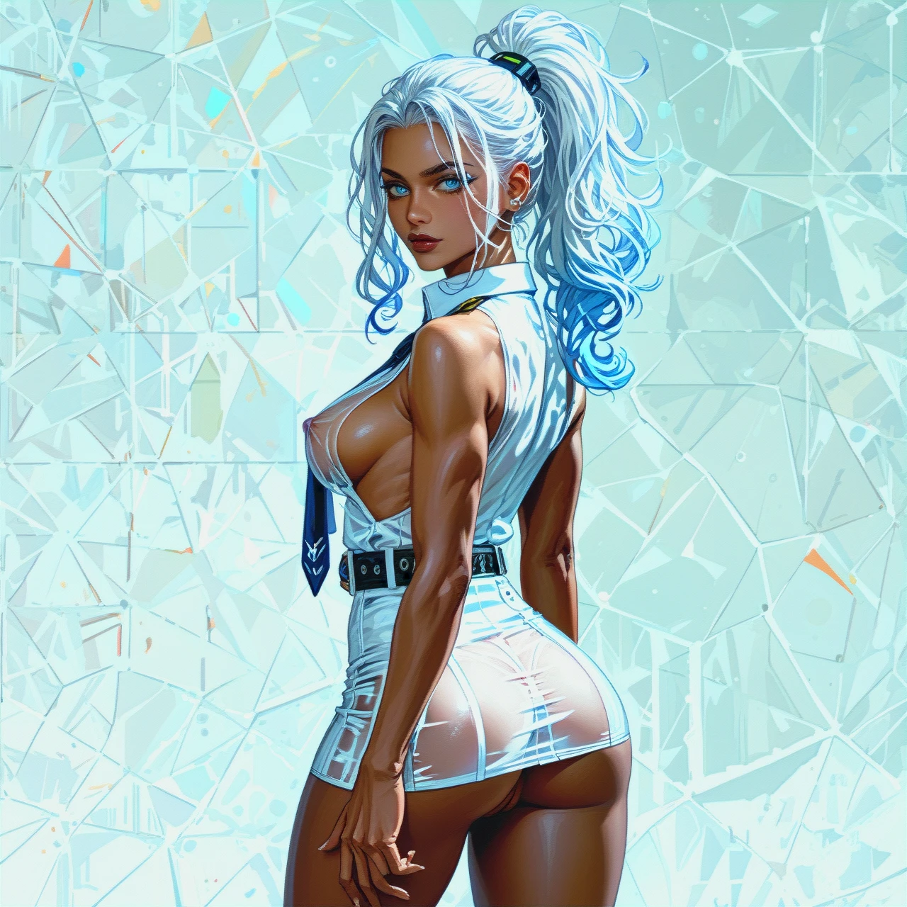 ororo, black skin,white hairs , expanding perky tits, athletic bubble butt, detailed, (sideboob),perfect boobs see through,futuristic outfit, show ass,show nipples, thin waist, shaved pussy, seductive, seductive face, big burgundy lips, blue eyes, transparent thick hair ponytail, upskirt, belt tie,neutral background.