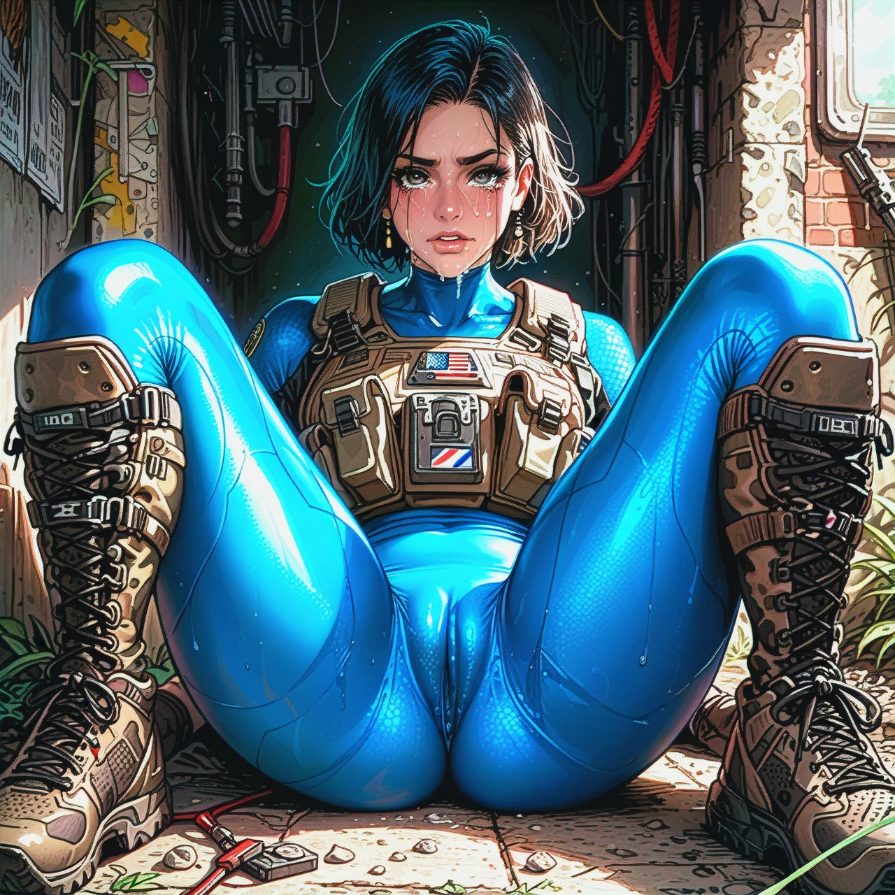 picture of 1 girl, frog perspective focused on pussy, girl dressed in blue spandex bodysuit with balaclava, wearing tactical combat gear, girl doing hotsquat showing deep cameltoe, tears on face, formfitting outfit