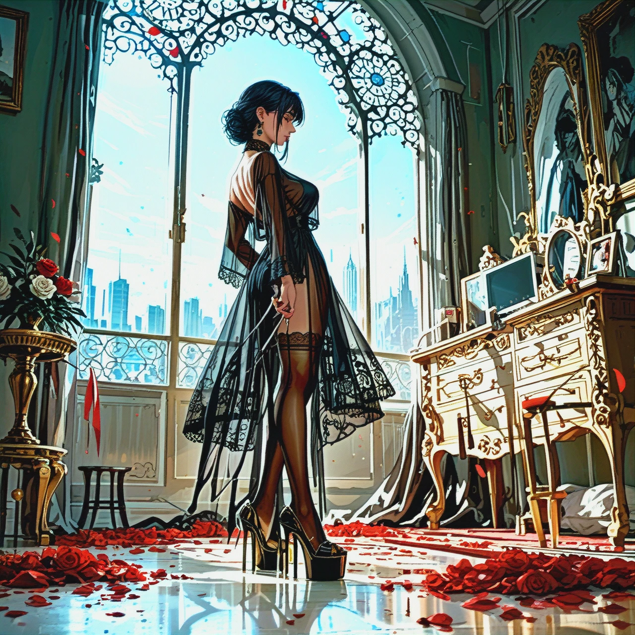 Girl in stockings with a lace band ,without a skirt,  transparent black peignoir robe to the floor , high-platform shoes with thin heels ,  full length image,  kind of behind,  profile view,  bottom view,  on the floor are black rose petals,  Looking at the camera , in the 90s bedroom, , , a panoramic window overlooking the city , drops of thick milk on her face and thighs