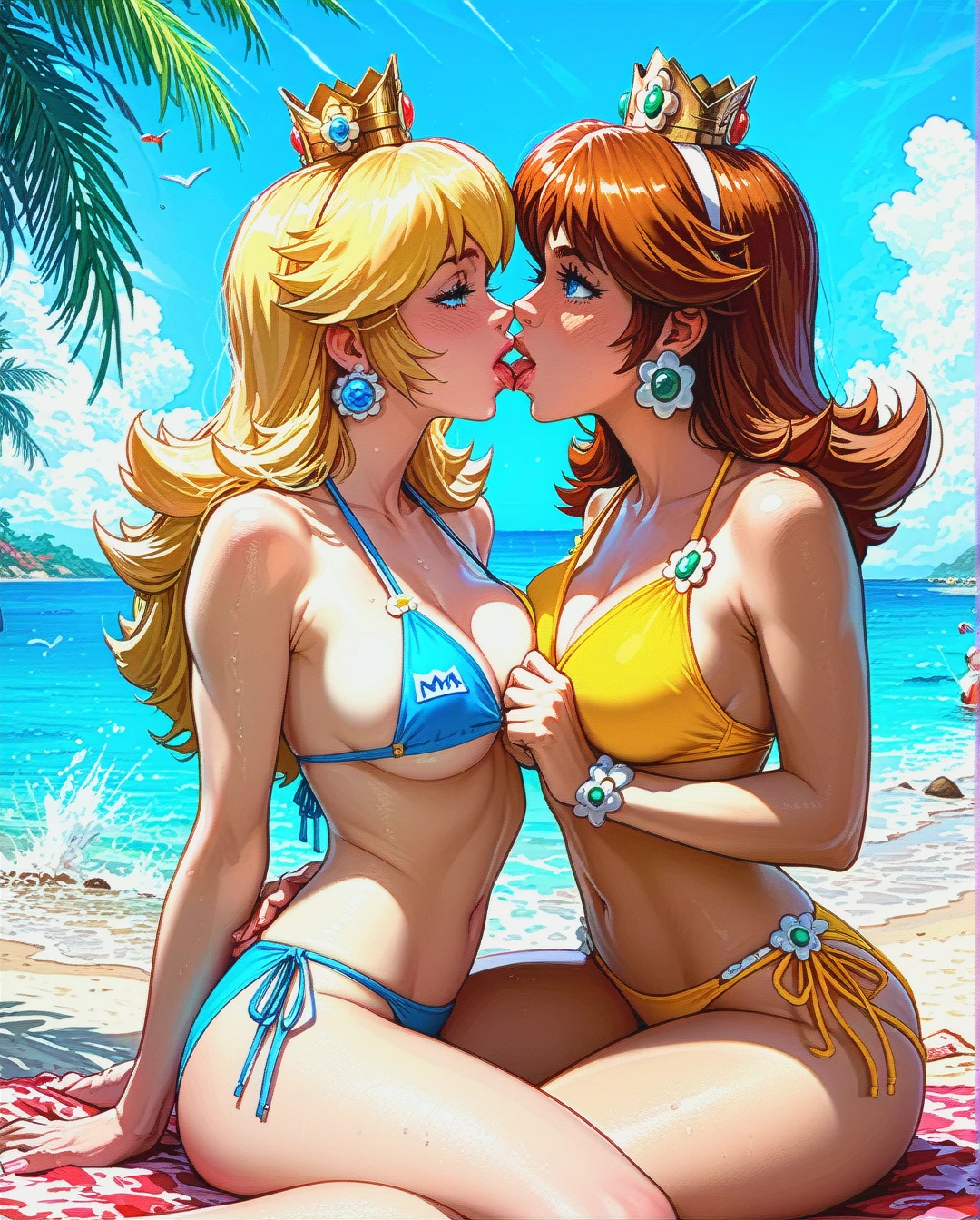 @princess_peach, @princess_daisy, lesbian, french kissing, grabbing breasts, sitting down, bikini, beach