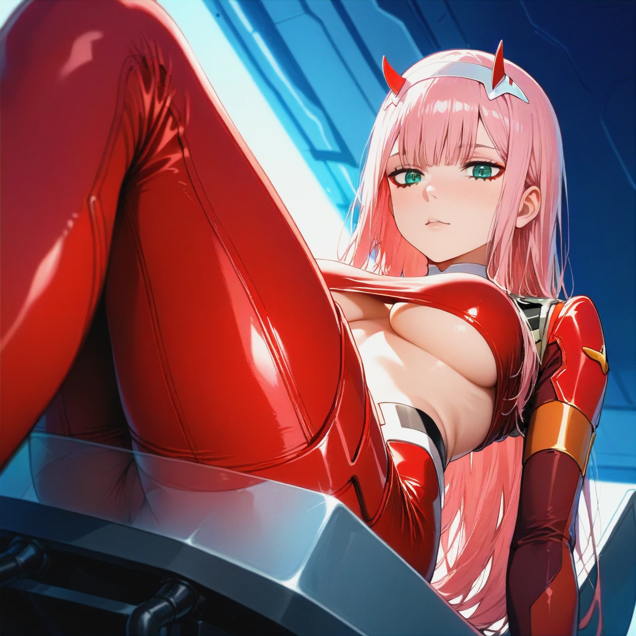 @zero_two , (underboob) ,  (sideways) , (tube_top) soft fabric,   , (from_side) , (sitting)  , (pull_out)