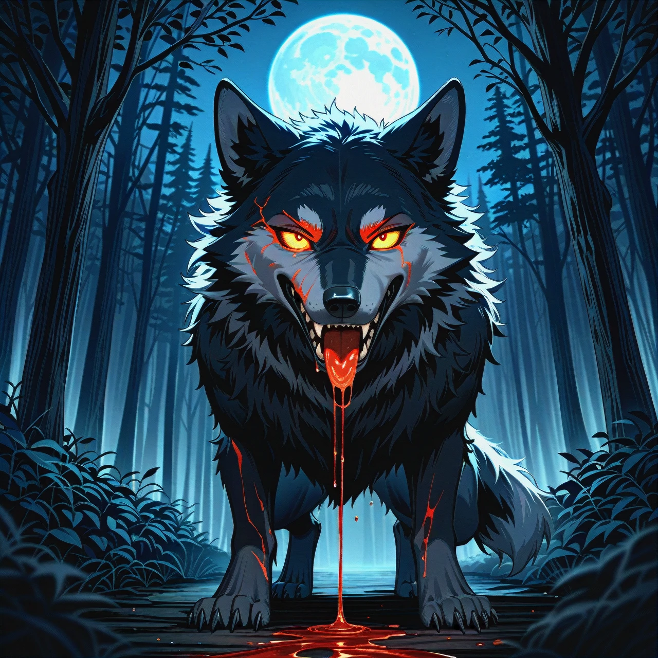 A  black wolf-dog, intense gaze, full body shot.  Full moon behind and slightly above it,  dark, shadowy forest setting,  trees with bare branches.  Dark, moody atmosphere.  Focus on the dog's face and intense expression.  Hyperrealistic fur detail,  dripping red tongue.  Deep blacks, grays, and hints of a moonlit pale grey.  Impressionistic style in the bark of the trees.  Vignette effect to concentrate focus on the wolf.  Detailed fur structure.  Large fangs.