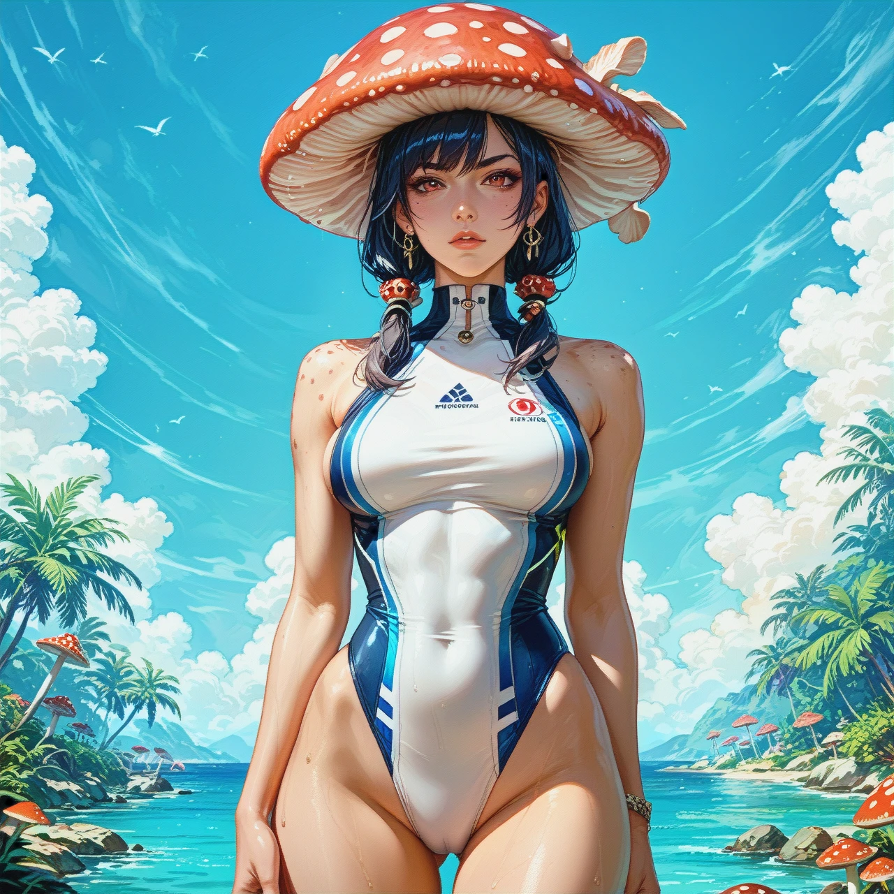 "Create an illustration of a woman standing with one hand on her hip. She should be wearing a one-piece swimsuit, and her head should be replaced by a large, spotted mushroom cap, giving a whimsical and fantastical touch to the design."