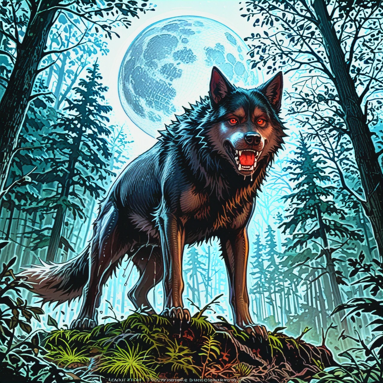 A  black wolf-dog, intense gaze, full body shot.  Full moon behind and slightly above it,  dark, shadowy forest setting,  trees with bare branches.  Dark, moody atmosphere.  Focus on the dog's face and intense expression.  Hyperrealistic fur detail,  dripping red tongue.  Deep blacks, grays, and hints of a moonlit pale grey.  Impressionistic style in the bark of the trees.  Vignette effect to concentrate focus on the wolf.  Detailed fur structure.  Large fangs.