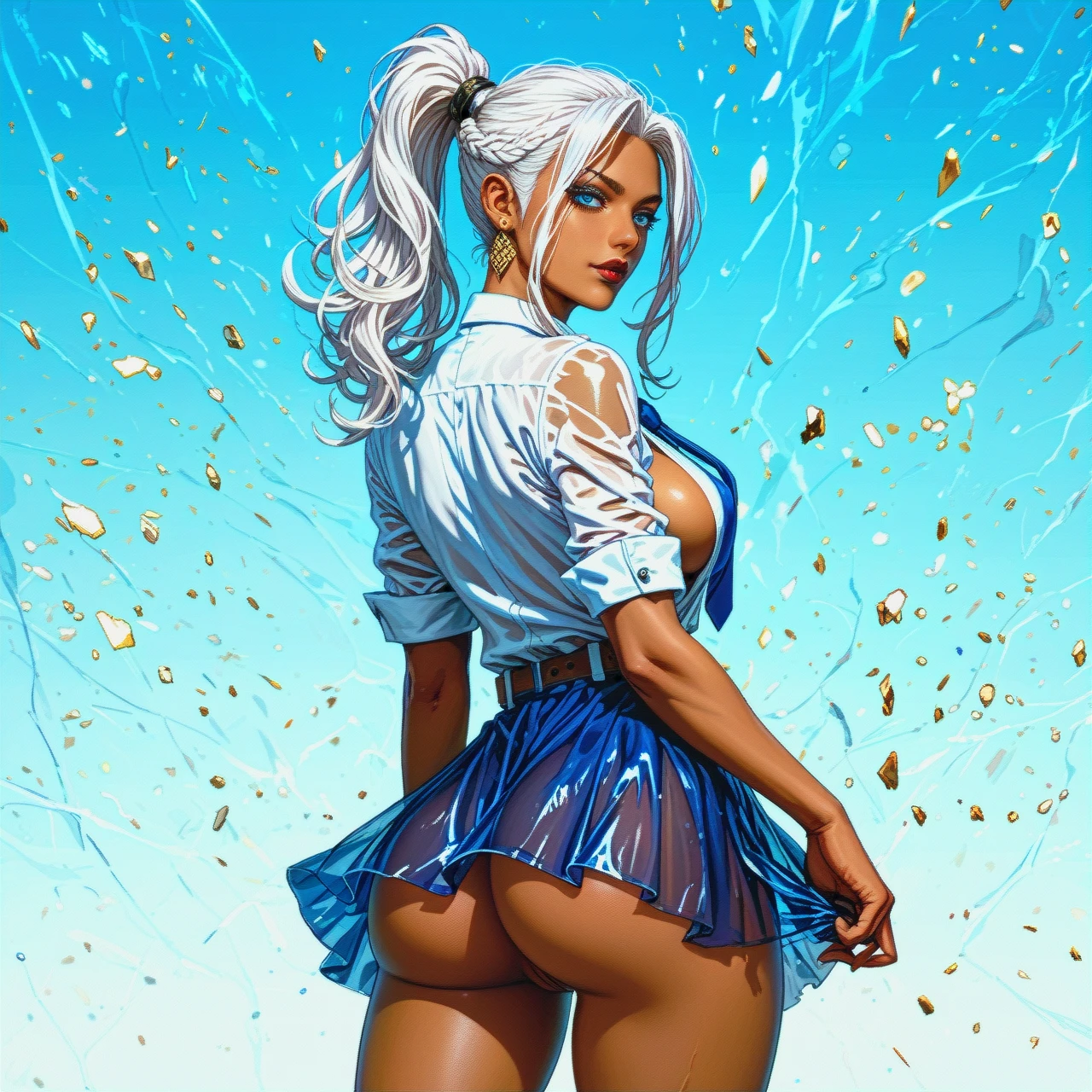 ororo, black skin,white hairs , expanding perky tits, athletic bubble butt, detailed, (sideboob),perfect boobs see through, show ass,show niples, thin waist, shaved pussy, seductive, seductive face, big burgundy lips, blue eyes, transparent thick hair ponytail, upskirt, belt tie