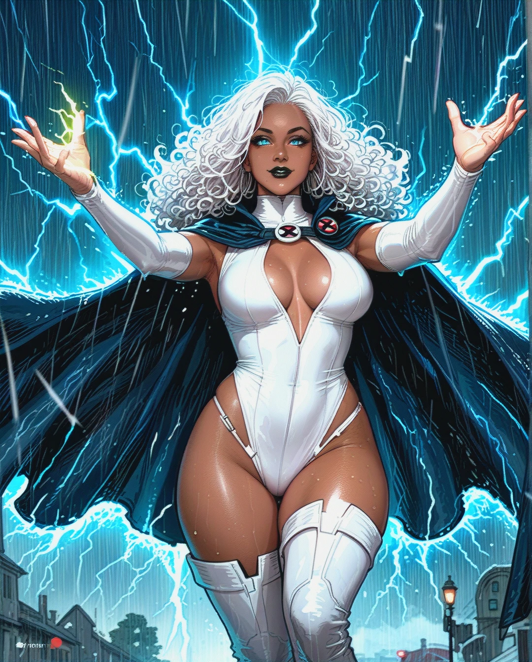 @storm from x-men, dark skin black woman, smiling, black lipstick, exposed cleavage, thick thighs, visible stomach, white latex cut out swimsuit costume, thigh high boots, long flowing white cape, glowing white eyes, curly hair, long white hair, raising arms, flying, rain, lightning