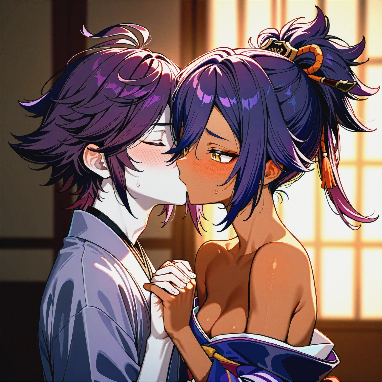 (kissing_neck), genshin impact characters, Banzoin Hakka, dark skin,  boy pale skin, pale boy, boy + girl,  kissing, purple hair , 2nd dark skin girl, (skinny), kimono (kimono_pull), ponitale, banzoin hakka, both visible, (shy), hair, pale male, dark skinned female, blush, (holding_hands), girl with two ponitale, blush girl