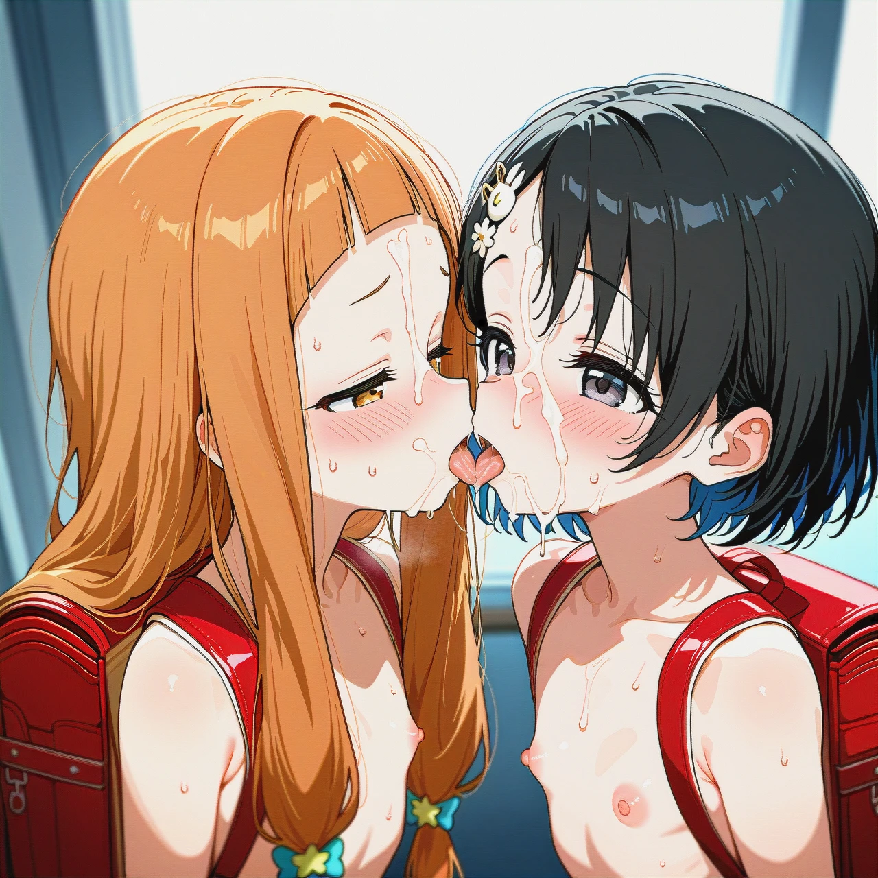 (cum),(facial),(tongue), (saliva),kissing,(blush),naked, red_backpack, (flat_chest),sweat,@ichihara_nina, @sasaki_chie