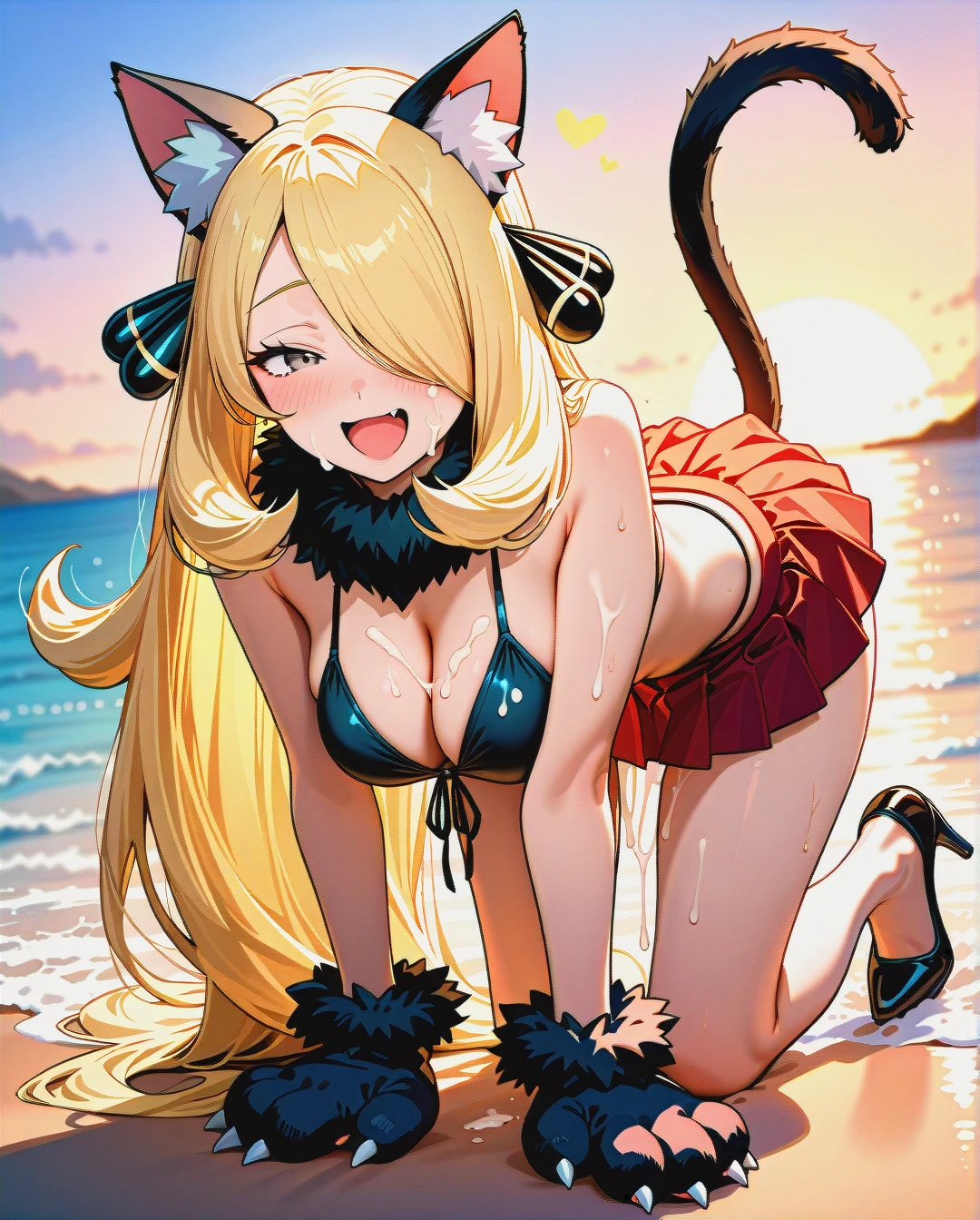 @cynthia, mischievous look, laughing with open mouth, cat ears, cat paw gloves, cat tail, dressed in bikini and pleated mini skirt, cleavage, on all fours, on the beach, sunset, play of shadows, beautiful lighting, subtle pastel tones, (bukkake),high heels,(sex)