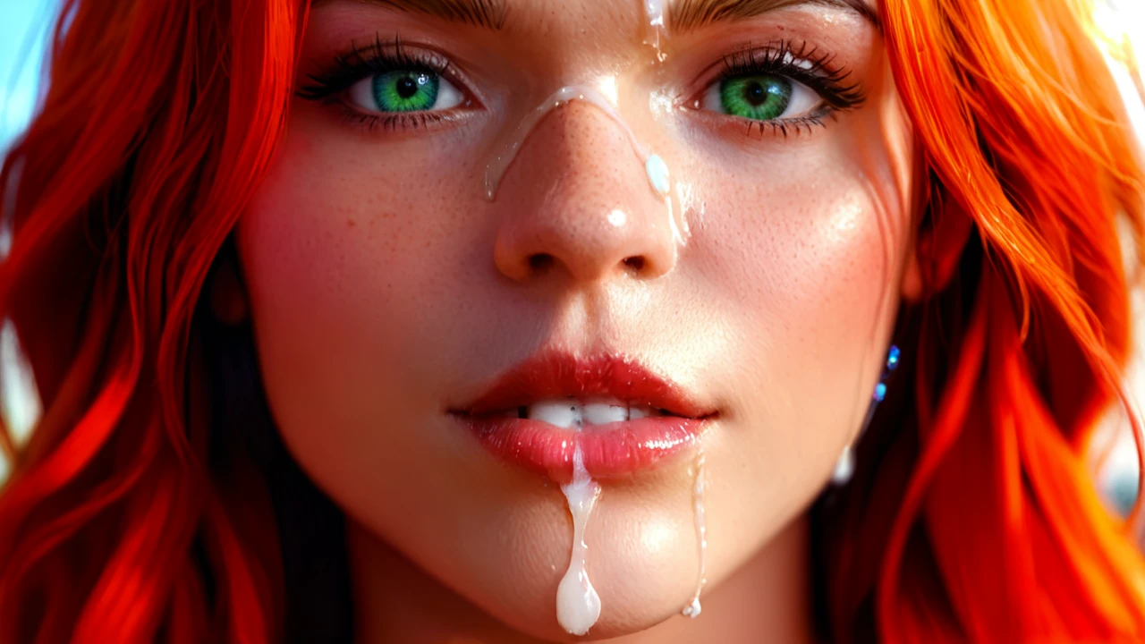 redhead girl, green eyes, Cum on face, closeup