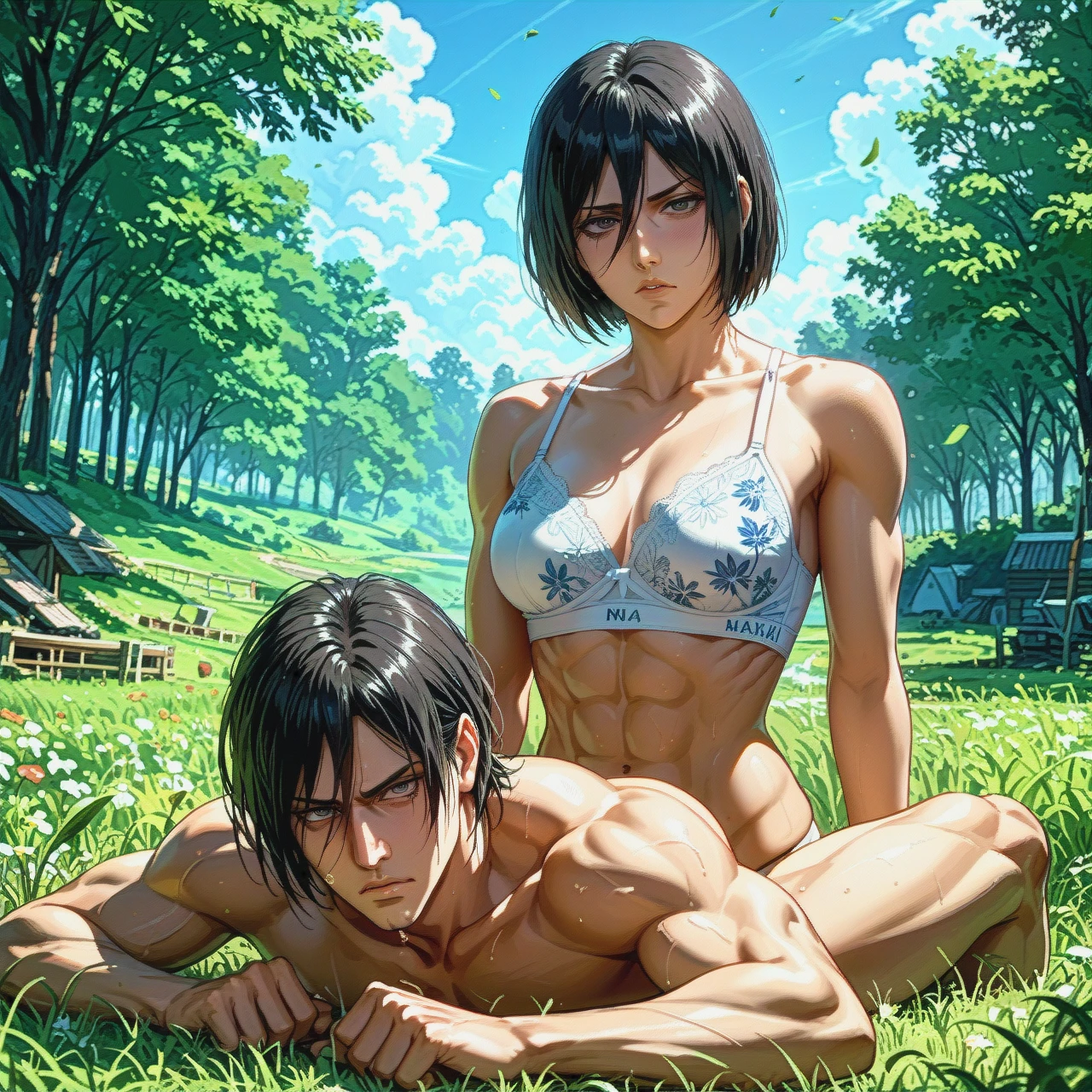 @mikasa_ackerman,angry face, mature,sex outside, sitting nap oldnan, gym bra floral,on field, attack on Titan, in the forest ,medium chest