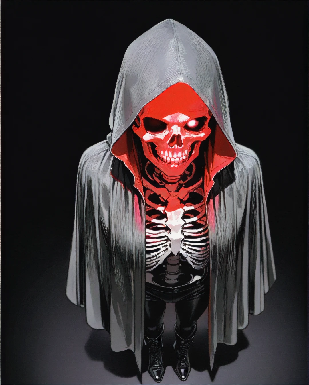 Skeleton. (solo_focus)  black background, no light Dark fur cloak, hood, black pants, boots, red glowing eyes