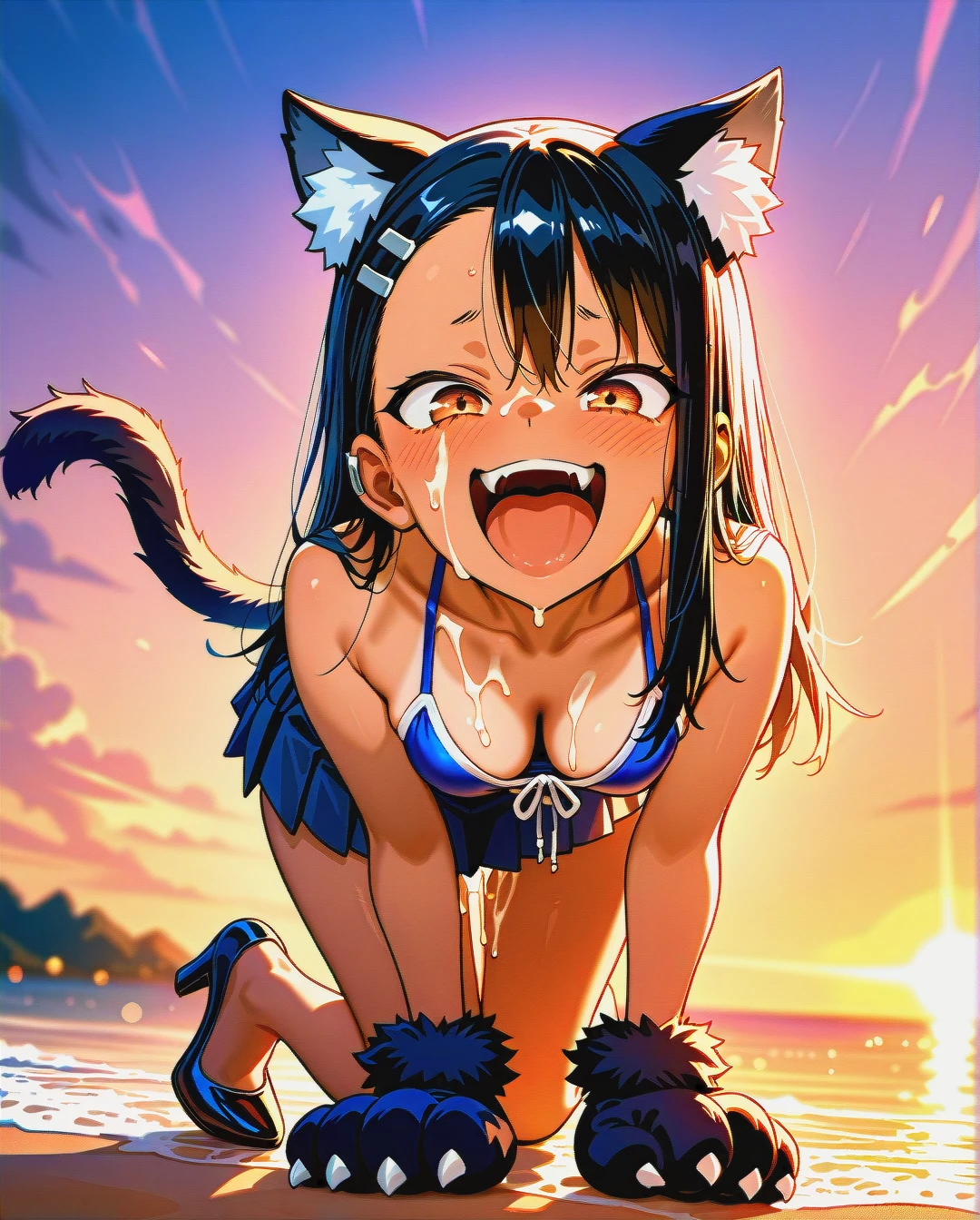 Hayase Nagatoro, mischievous look, laughing with open mouth, cat ears, cat paw gloves, cat tail, dressed in bikini and pleated mini skirt, cleavage, on all fours, on the beach, sunset, play of shadows, beautiful lighting, subtle pastel tones, (bukkake),high heels,(sex_from_behind)