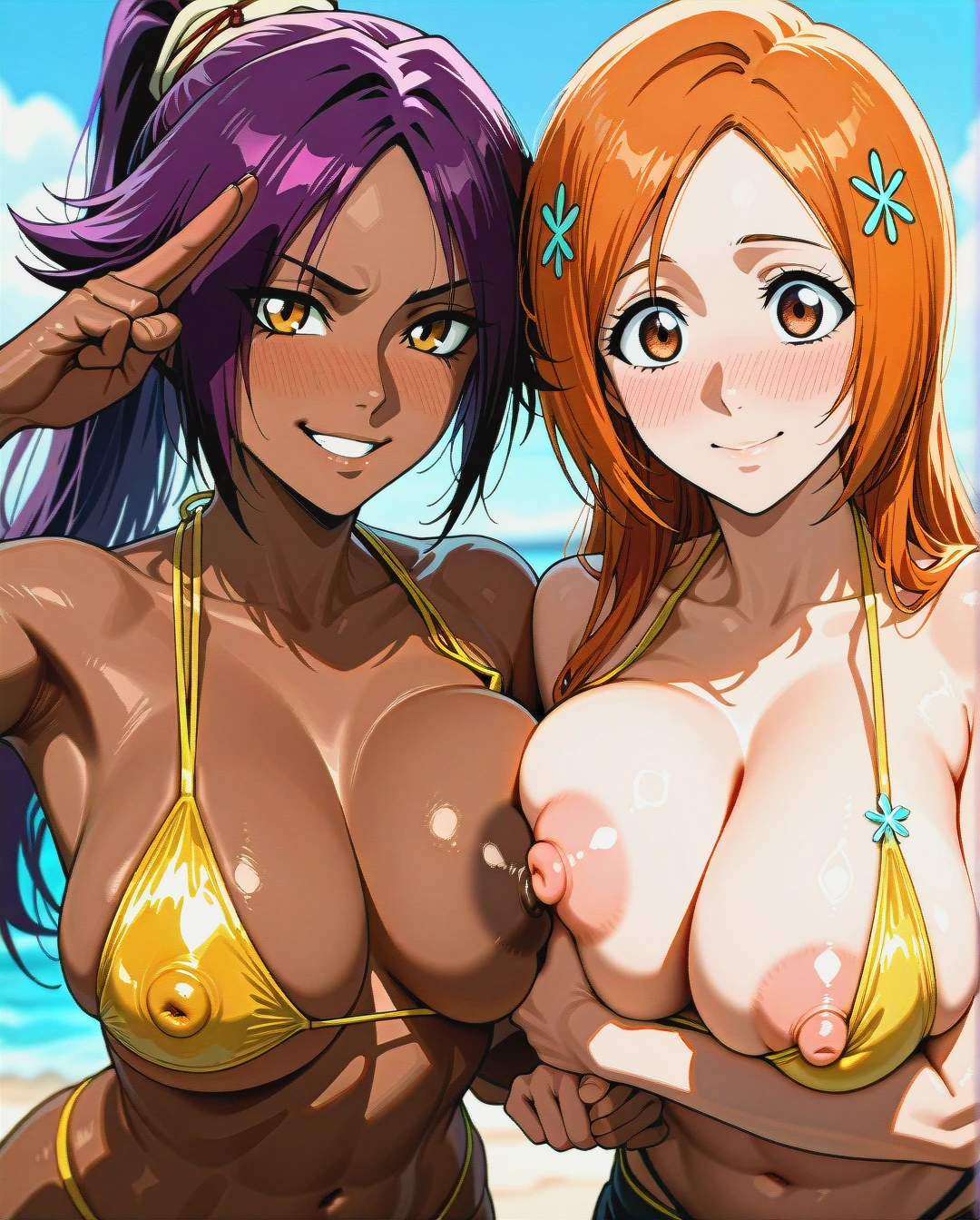 @shihouin_yoruichi and @inoue_orihime - (lesbians) (bisexual_female) (nose_blush) (puffy_nipples) (presenting_breasts) (one_breast_out) (girls_side_by_side) (four_boobs) (pointing_forward) (pectoral_grab) (two-finger_salute) (two_woman's) (arm_hug) (through_clothes) @inoue_orihime with @shihouin_yoruichi-muscles (object_on_pectorals) (bikini_pull)