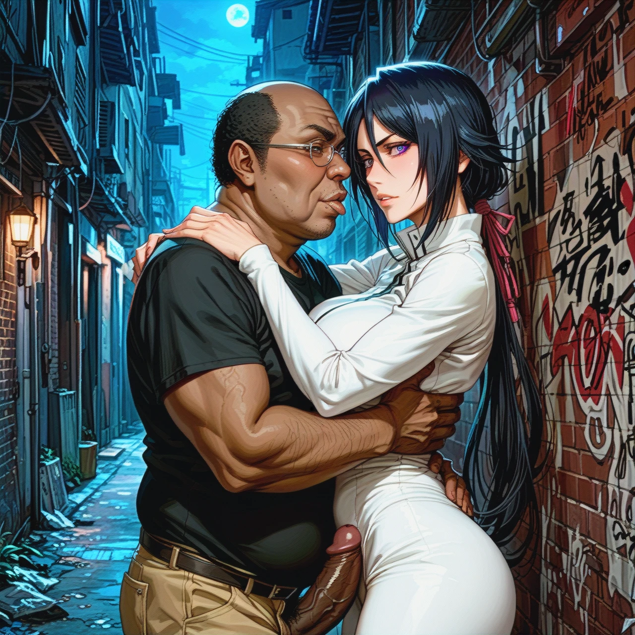 perfect body, dark skinned male, big penis, bedroom,, ugly fat man ,  @kuchiki_rukia,    , dark alley, night , (reach-around),