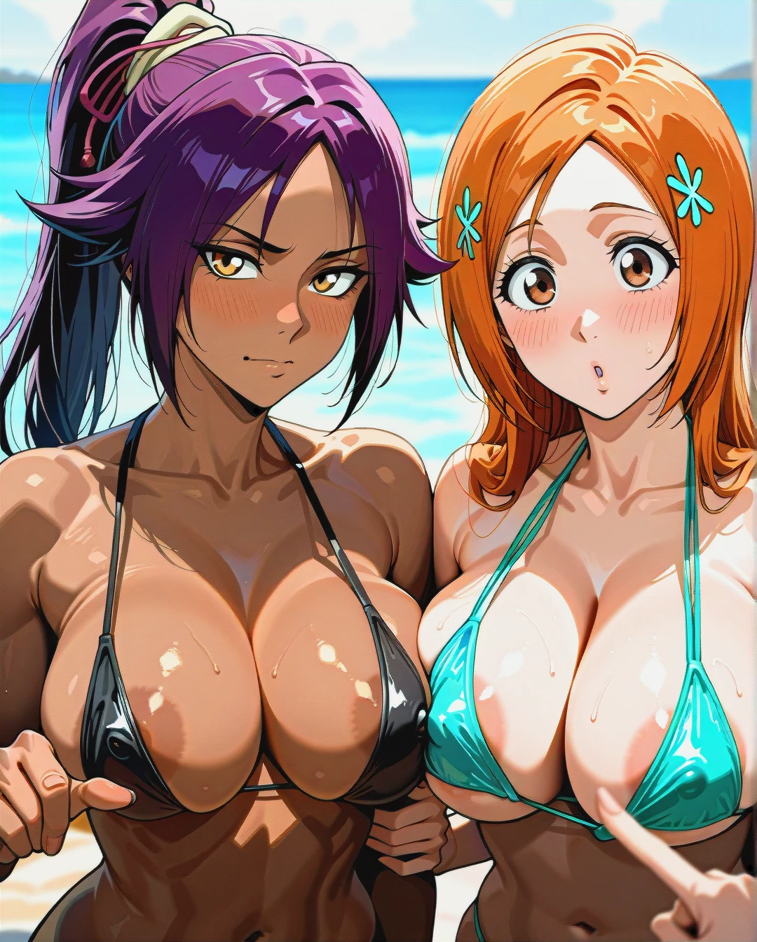 @shihouin_yoruichi and @inoue_orihime - (lesbians) (bisexual_female) (nose_blush) (presenting_breasts) (one_breast_out) (girls_side_by_side) (four_boobs) (pointing_forward) (vulcan_salute) (two_woman's) (arm_hug) (through_clothes) @inoue_orihime with @shihouin_yoruichi-muscles (object_on_pectorals) (bikini_pull) (pulling_each_other_bikinis) (breast_slip) (areola_slip) (breast_slap)