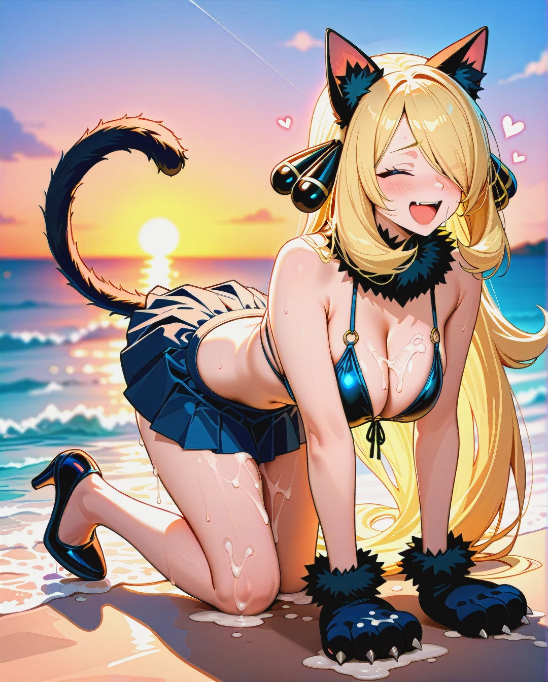 @cynthia, mischievous look, laughing with open mouth, cat ears, cat paw gloves, cat tail, dressed in bikini and pleated mini skirt, cleavage, on all fours, on the beach, sunset, play of shadows, beautiful lighting, subtle pastel tones, (bukkake),high heels,(sex)