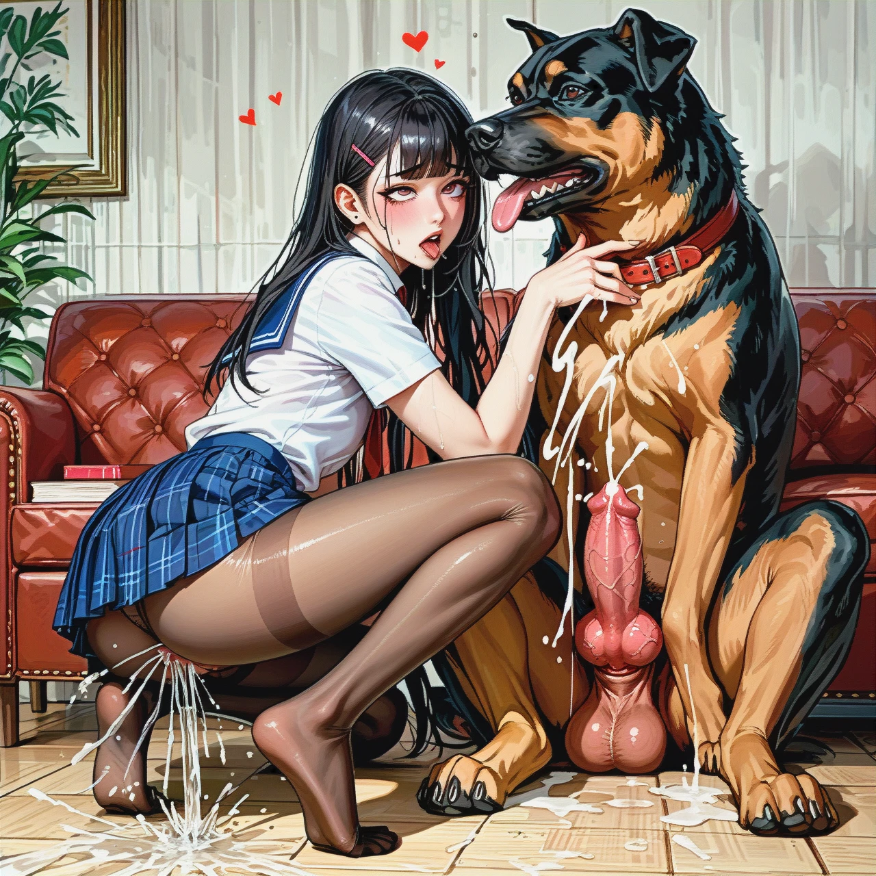 collaborative, korean, adorable face, skinny, hairy armpits, long legs, flat chested, schoolgirl uniform, foot, pantyhose, back yard, squirting, feral dog, sex with canine, big cock, big knot, big balls, cumming, ahegao, in love, hearts, zoophilia