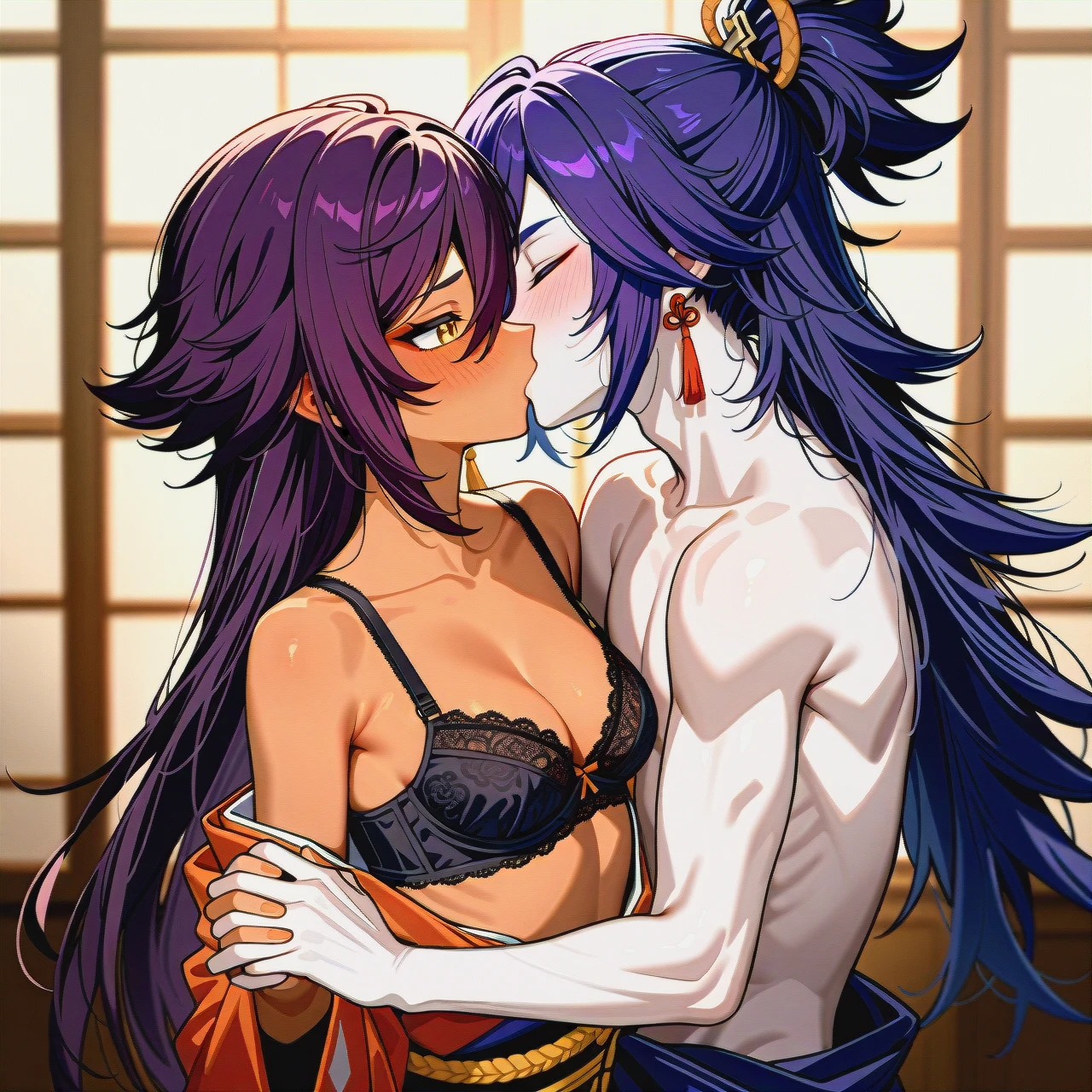 (kissing_neck), genshin impact characters, Banzoin Hakka, dark skin,  boy pale skin, pale boy, boy + girl,  kissing, purple hair , 2nd dark skin girl, (skinny), kimono (kimono_pull), ponitale, banzoin hakka, both visible, (lace-trimmed_bra) (shy) , long hair, pale male, dark skinned female, blush, (holding_hands), girl with two ponitale, blush girl