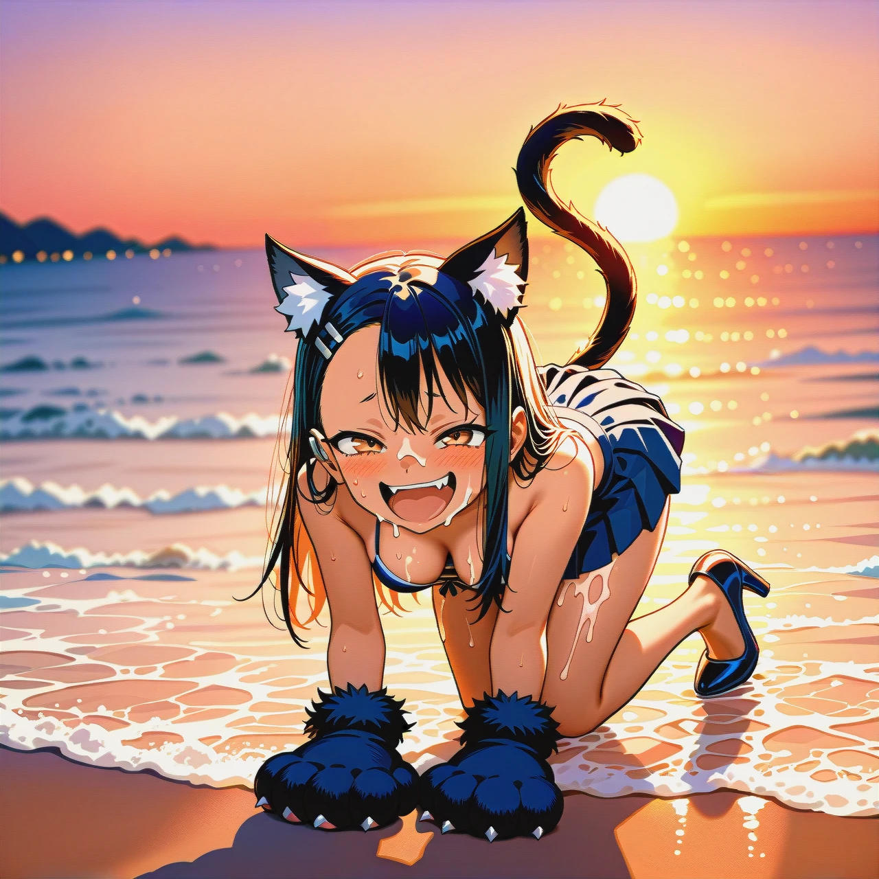 Hayase Nagatoro, mischievous look, laughing with open mouth, cat ears, cat paw gloves, cat tail, dressed in bikini and pleated mini skirt, cleavage, on all fours, on the beach, sunset, play of shadows, beautiful lighting, subtle pastel tones, (bukkake),high heels,(sex_from_behind)