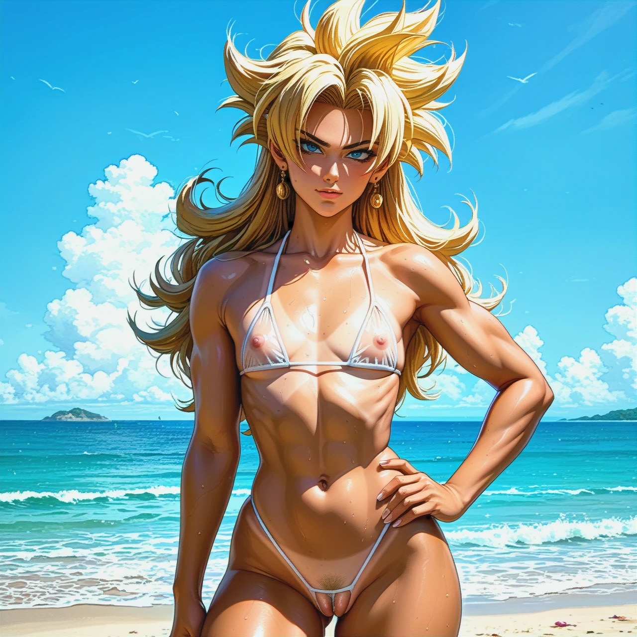 skiny goku female with  very long straight hair super saiyan blonde , (hand_on_hip) nude on a beach,  (flat_chest), tan lines,(breasts_out), see through bikini, blond pussy hair,crawling and seductive look, very feminine body,kinky