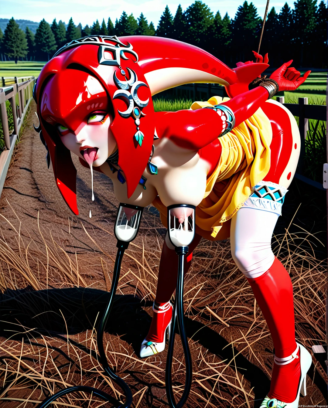 @mipha,stockings,high heels,yellow dress,gloves,(lactation),(milking_machine),tied arms,in farm,(ahegao),