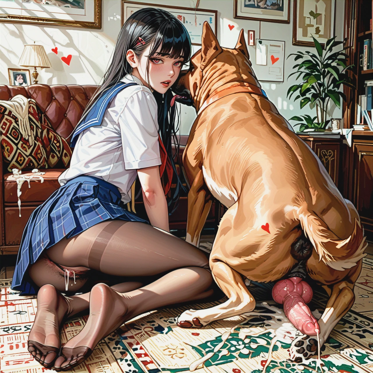 collaborative, korean, adorable face, skinny, hairy armpits, long legs, flat chested, schoolgirl uniform, foot, pantyhose, back yard, feral dog, sex with canine, big cock, big knot, big balls, cumming, in love, hearts, zoophilia