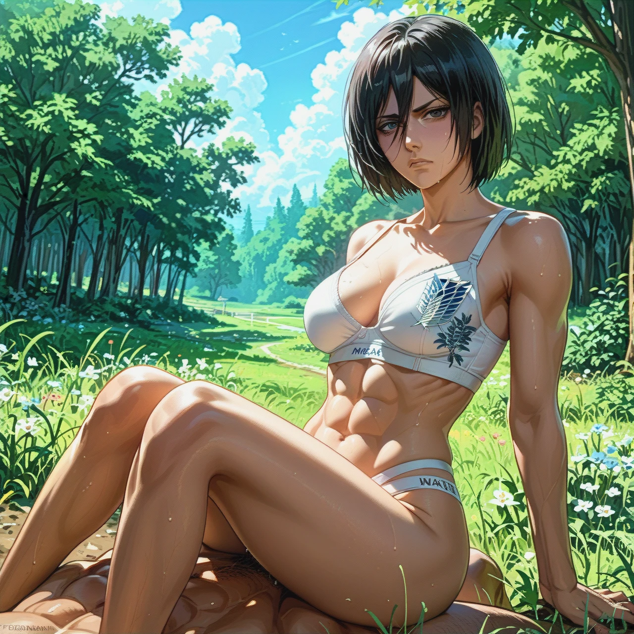 @mikasa_ackerman,angry face, mature,sex outside, sitting nap oldnan, gym bra floral,on field, attack on Titan, in the forest ,medium chest