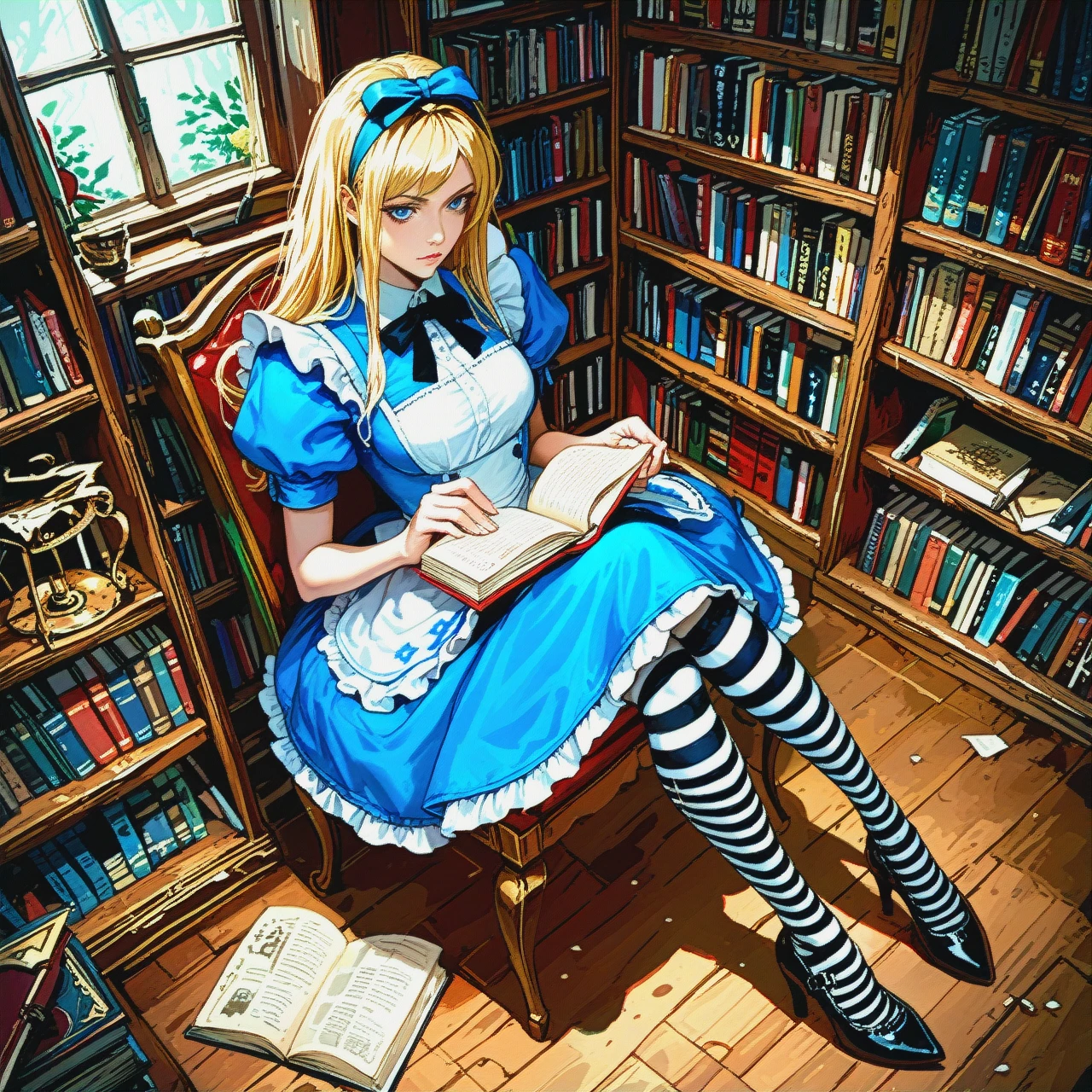 @alice  stands naked, reading a book, striped stockings,high-heeled shoes, library, top view.