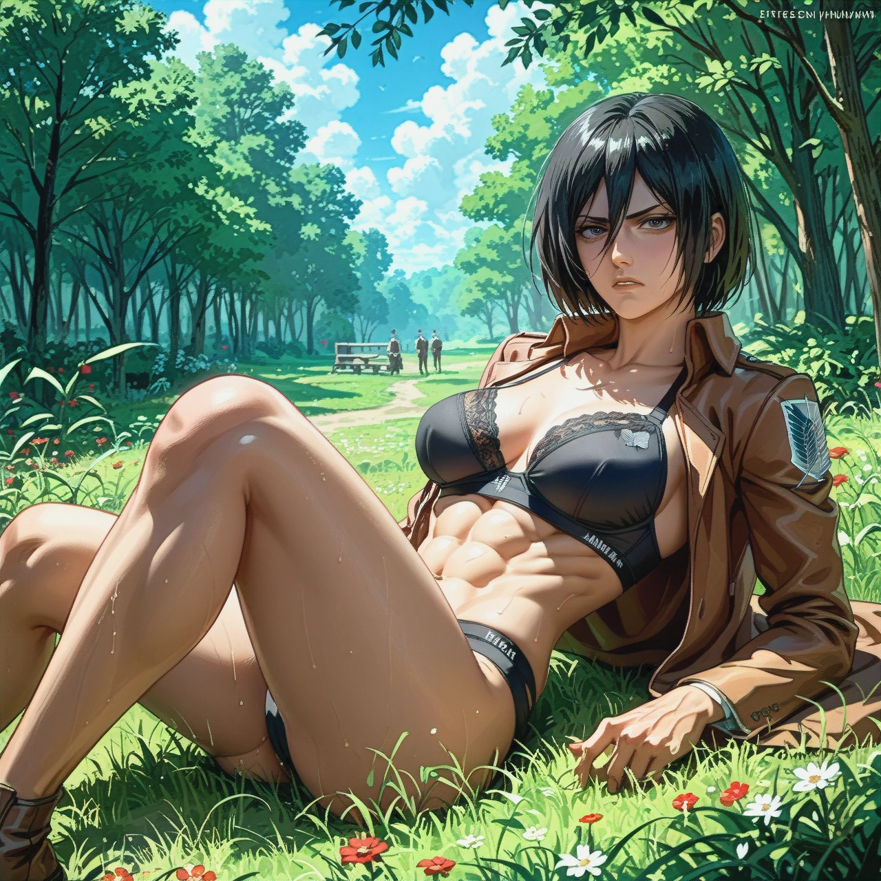 @mikasa_ackerman,angry face, mature,sex outside, sitting nap oldnan, gym bra floral,on field, attack on Titan, in the forest ,medium chest