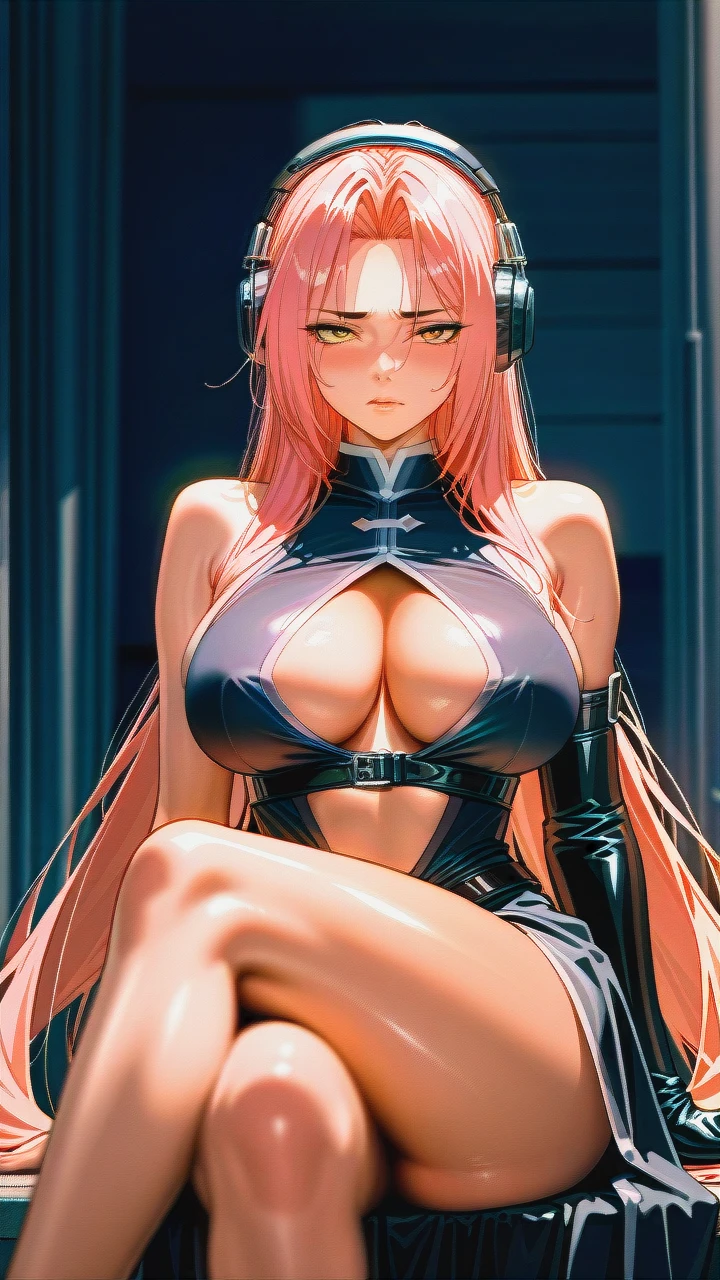 (serious) (nervous) (parted_lips) (clothes_pull) (cleavage_cutout) (arms_crossed) (Gothic) (skinny) (twisted_torso) (through_clothes) (seductive_sitting) (looking_to_the_side) (open_dress) (strapbelts) (strap_between_breasts) (strap_gap) (see_trough_vagina) (breast_slip) (after_sex) (sleepy) (tired) @ingrid_(taimanin) /brown_skin_girl/ (thick_thighs) (crossed_legs) (headphones_on_breasts)